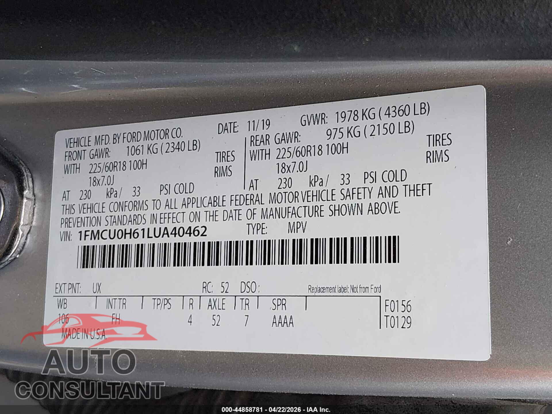 FORD ESCAPE 2020 - 1FMCU0H61LUA40462