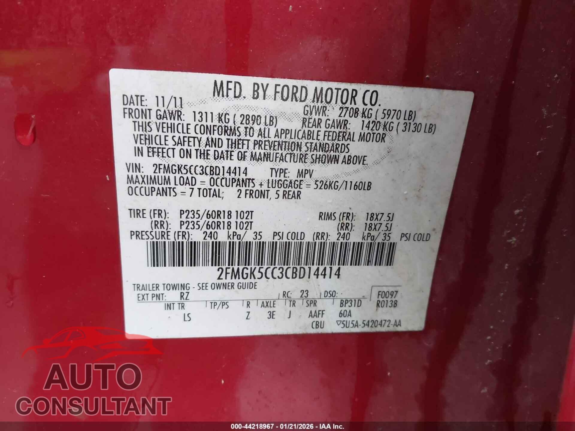 FORD FLEX 2012 - 2FMGK5CC3CBD14414