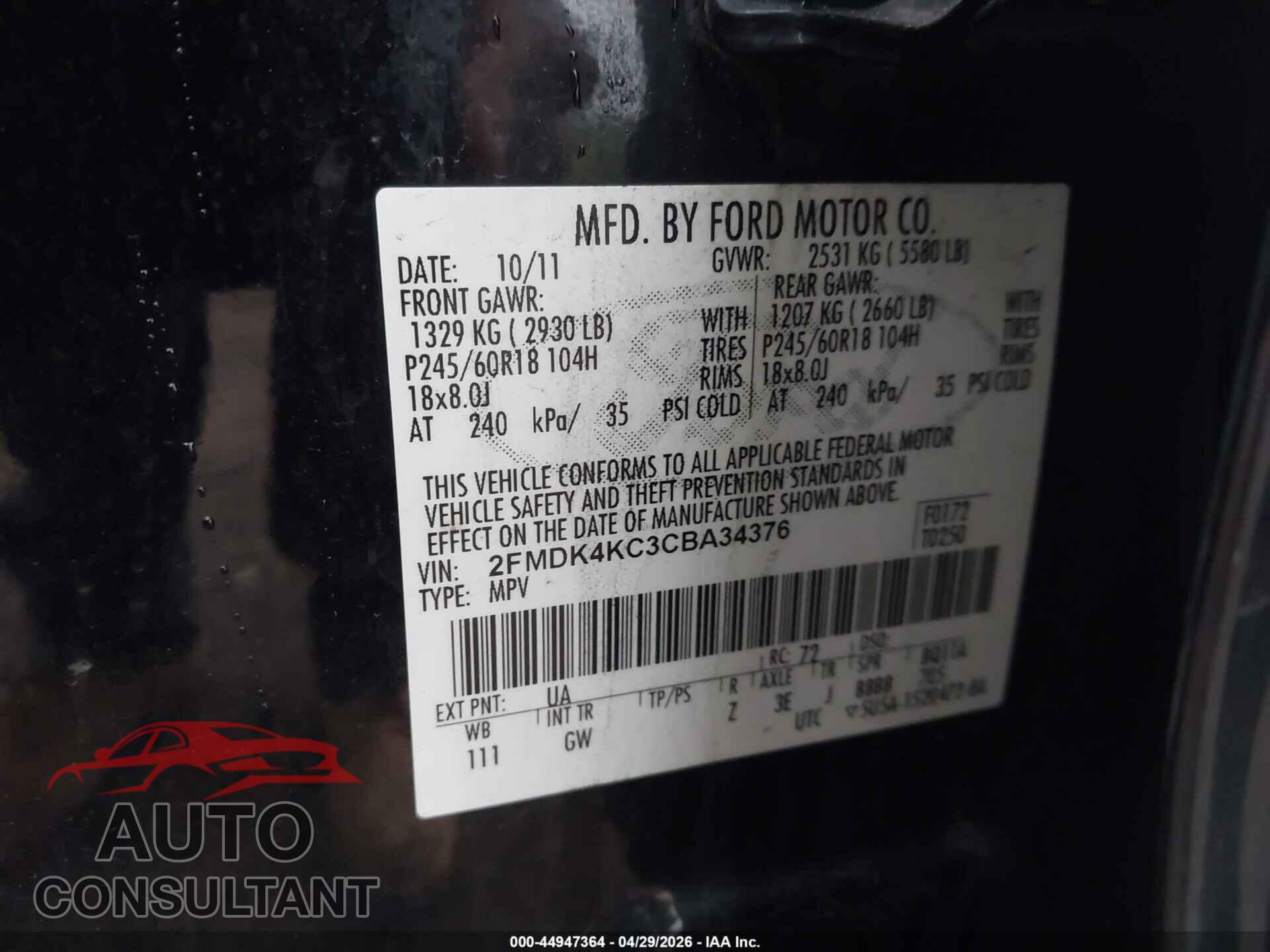 FORD EDGE 2012 - 2FMDK4KC3CBA34376