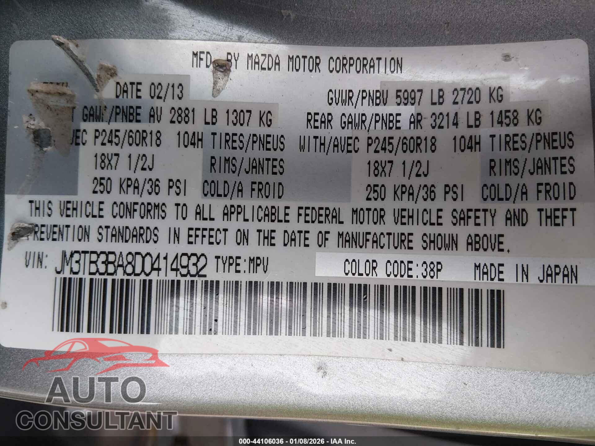 MAZDA CX-9 2013 - JM3TB3BA8D0414932