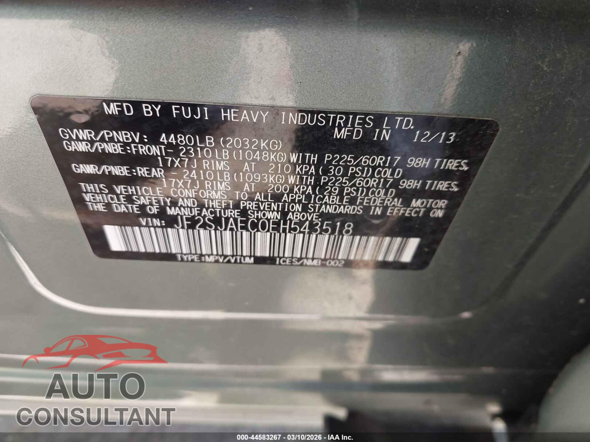 SUBARU FORESTER 2014 - JF2SJAEC0EH543518