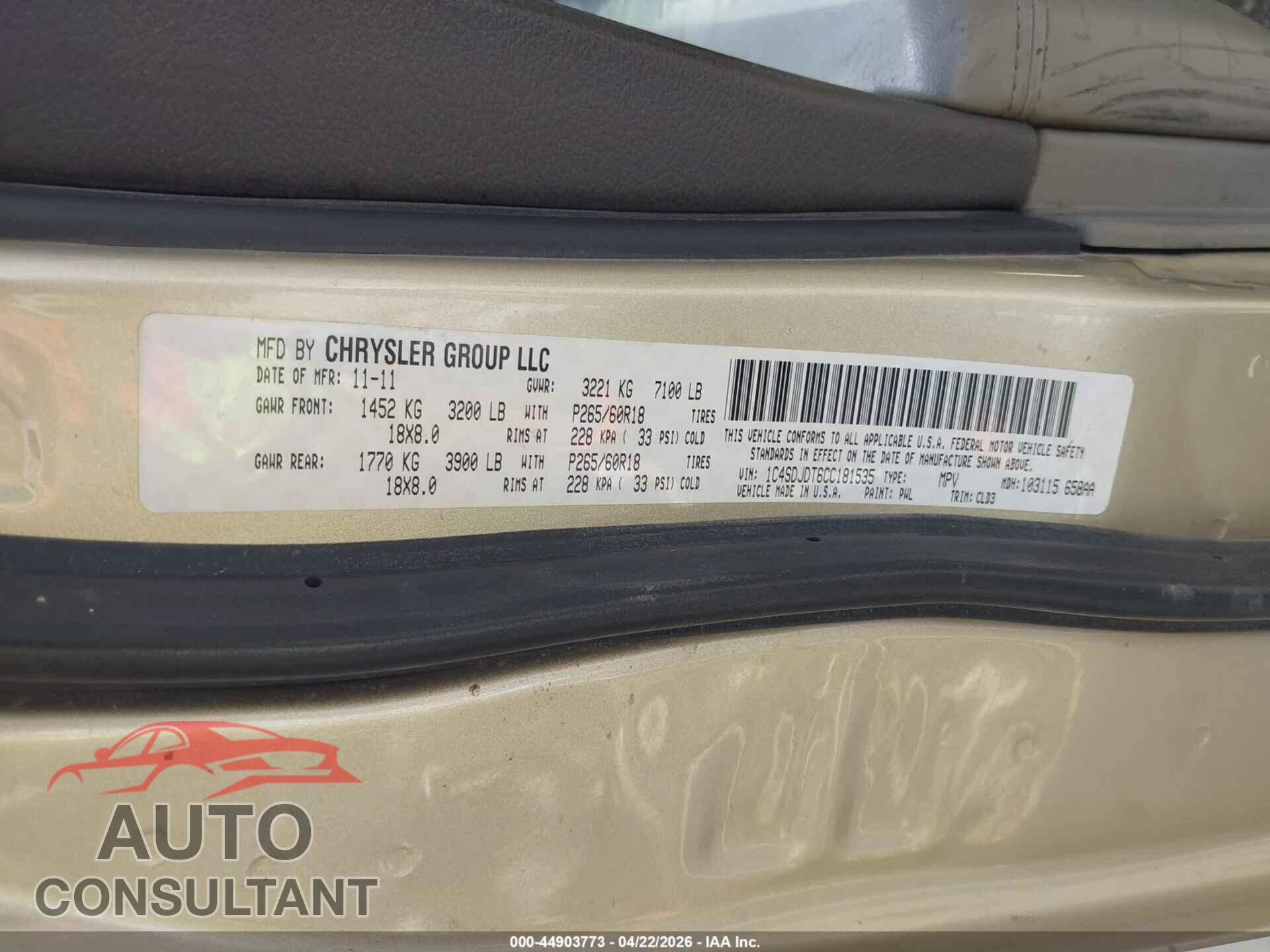 DODGE DURANGO 2012 - 1C4SDJDT6CC181535