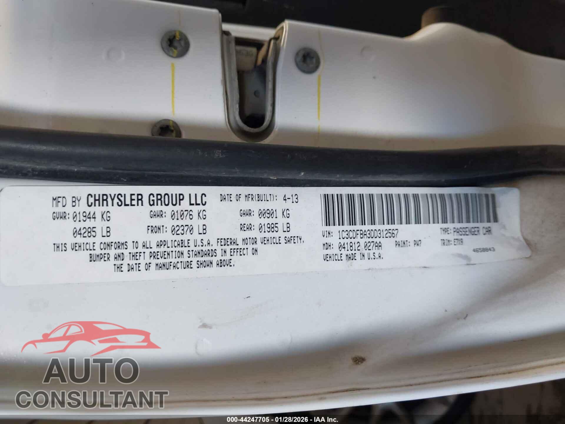 DODGE DART 2013 - 1C3CDFBA3DD312567