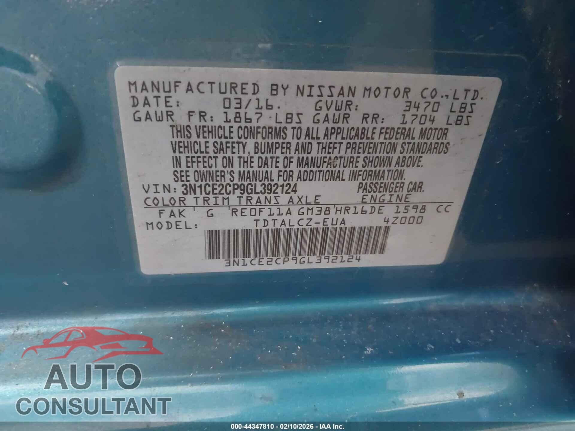 NISSAN VERSA NOTE 2016 - 3N1CE2CP9GL392124