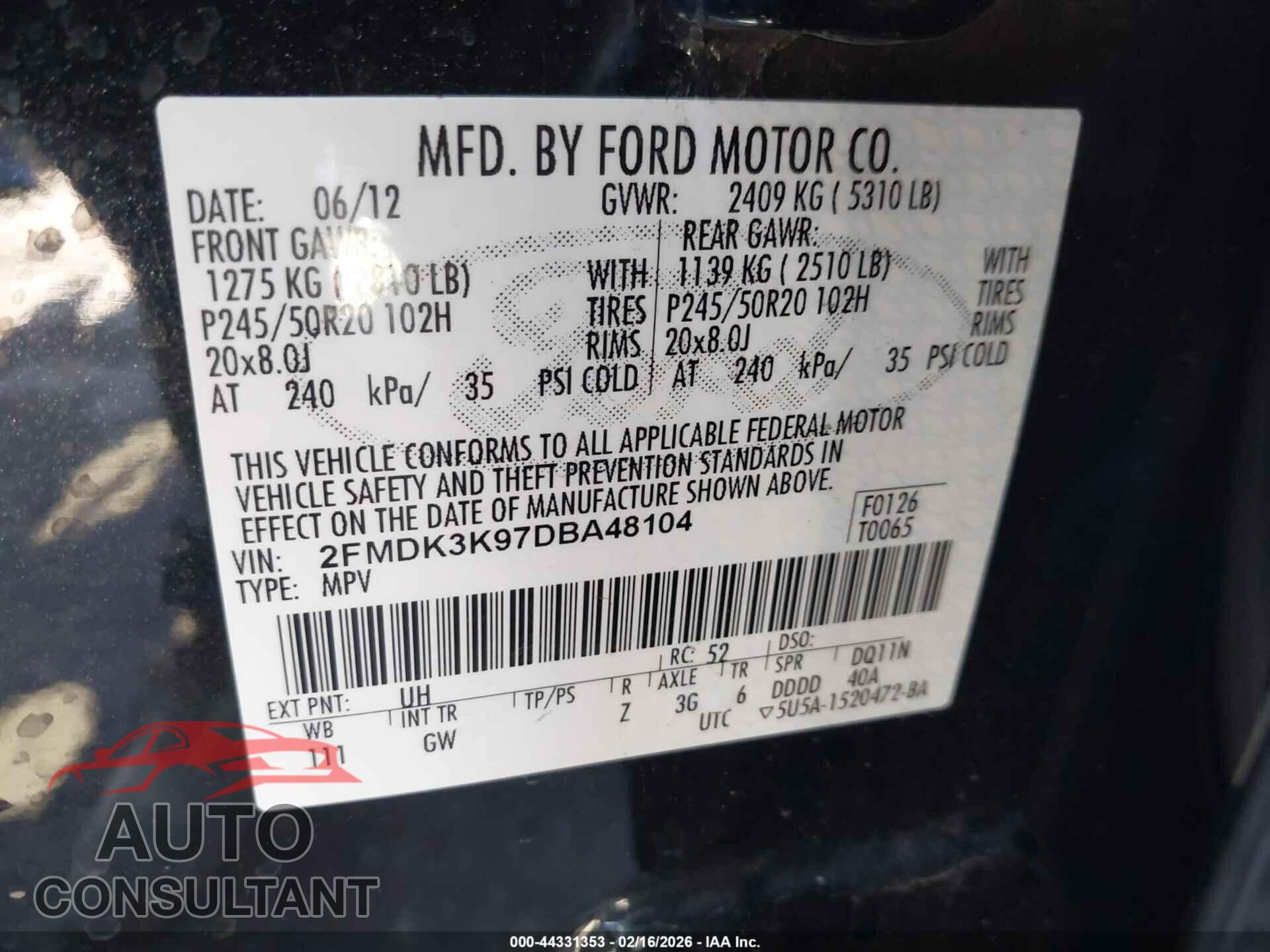 FORD EDGE 2013 - 2FMDK3K97DBA48104