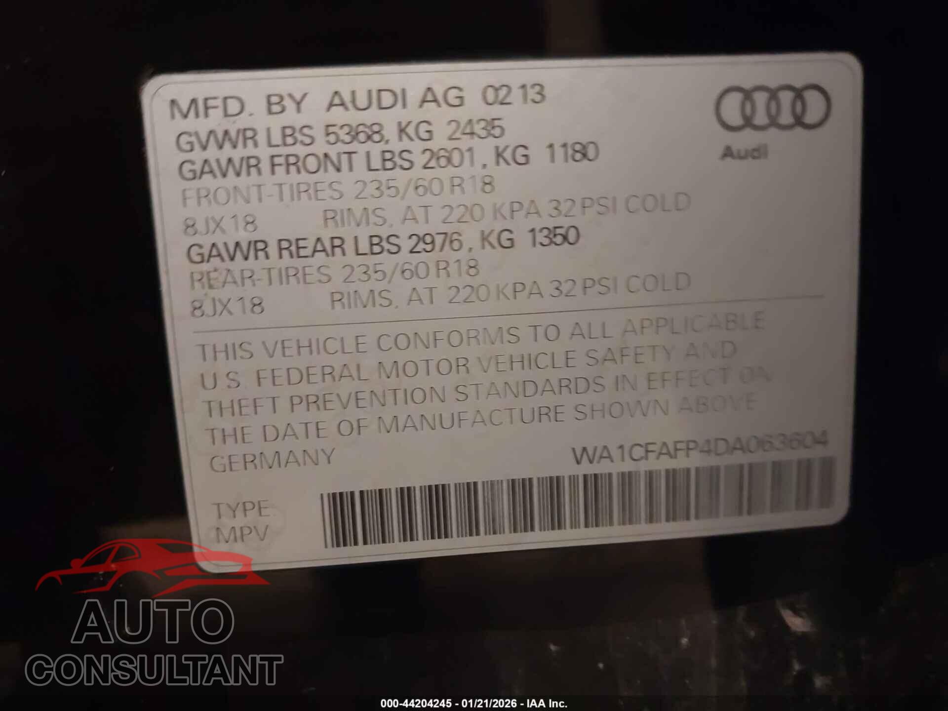 AUDI Q5 2013 - WA1CFAFP4DA063604