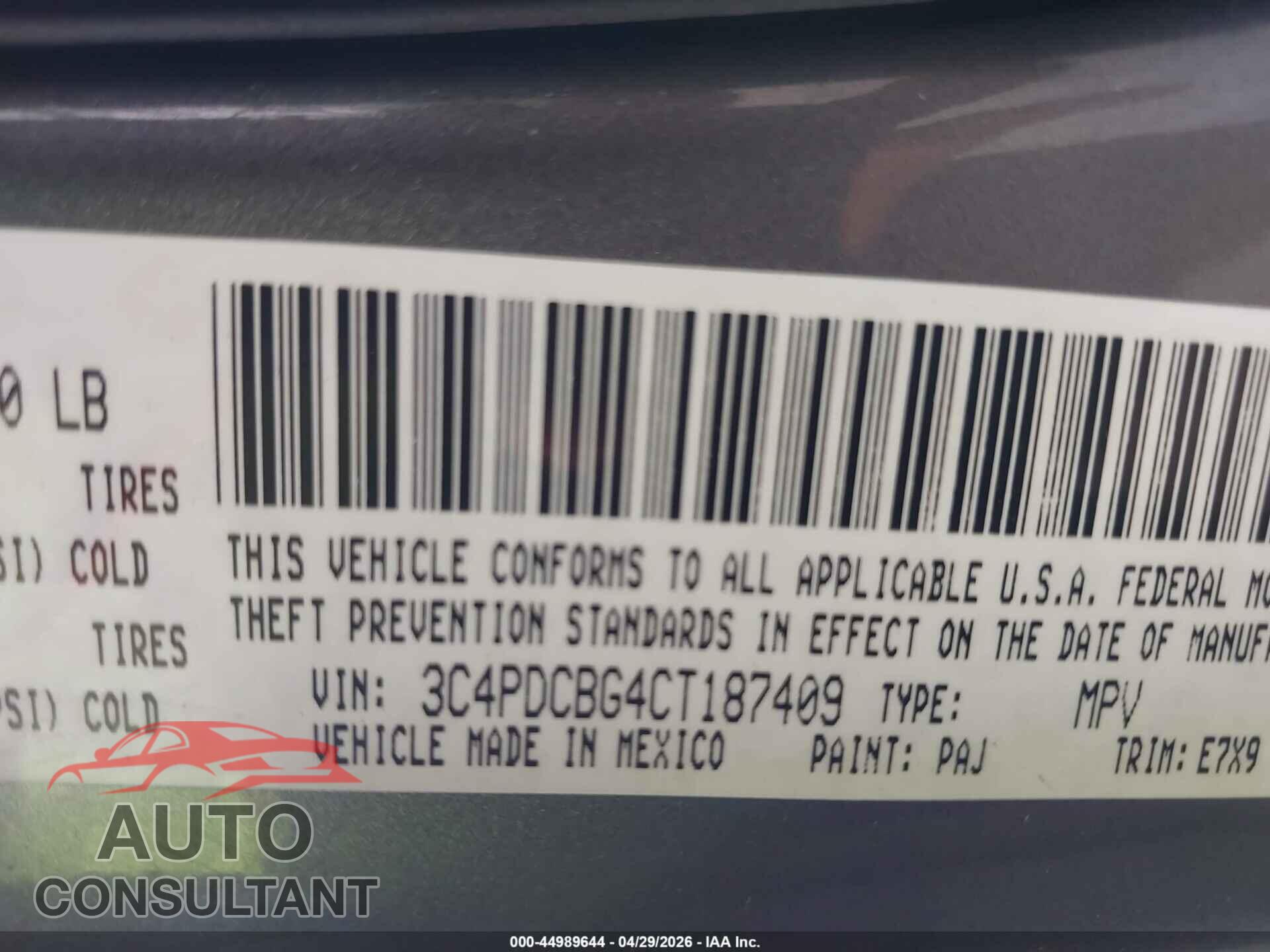 DODGE JOURNEY 2012 - 3C4PDCBG4CT187409
