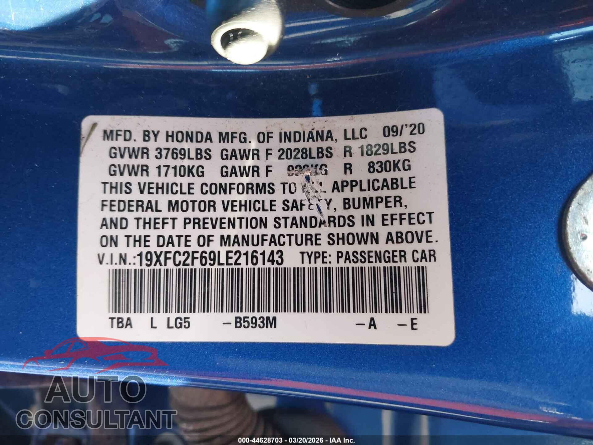 HONDA CIVIC 2020 - 19XFC2F69LE216143