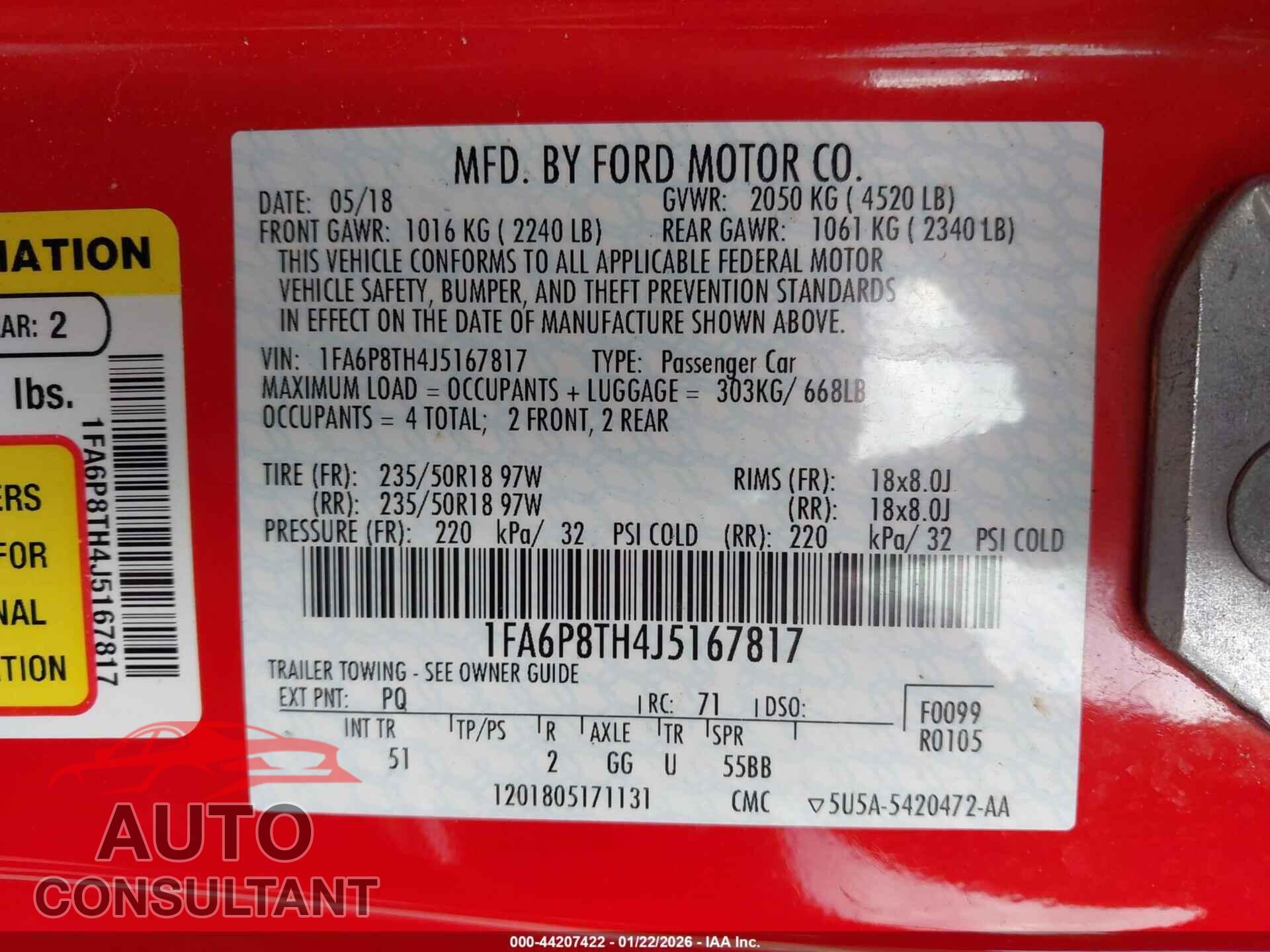 FORD MUSTANG 2018 - 1FA6P8TH4J5167817