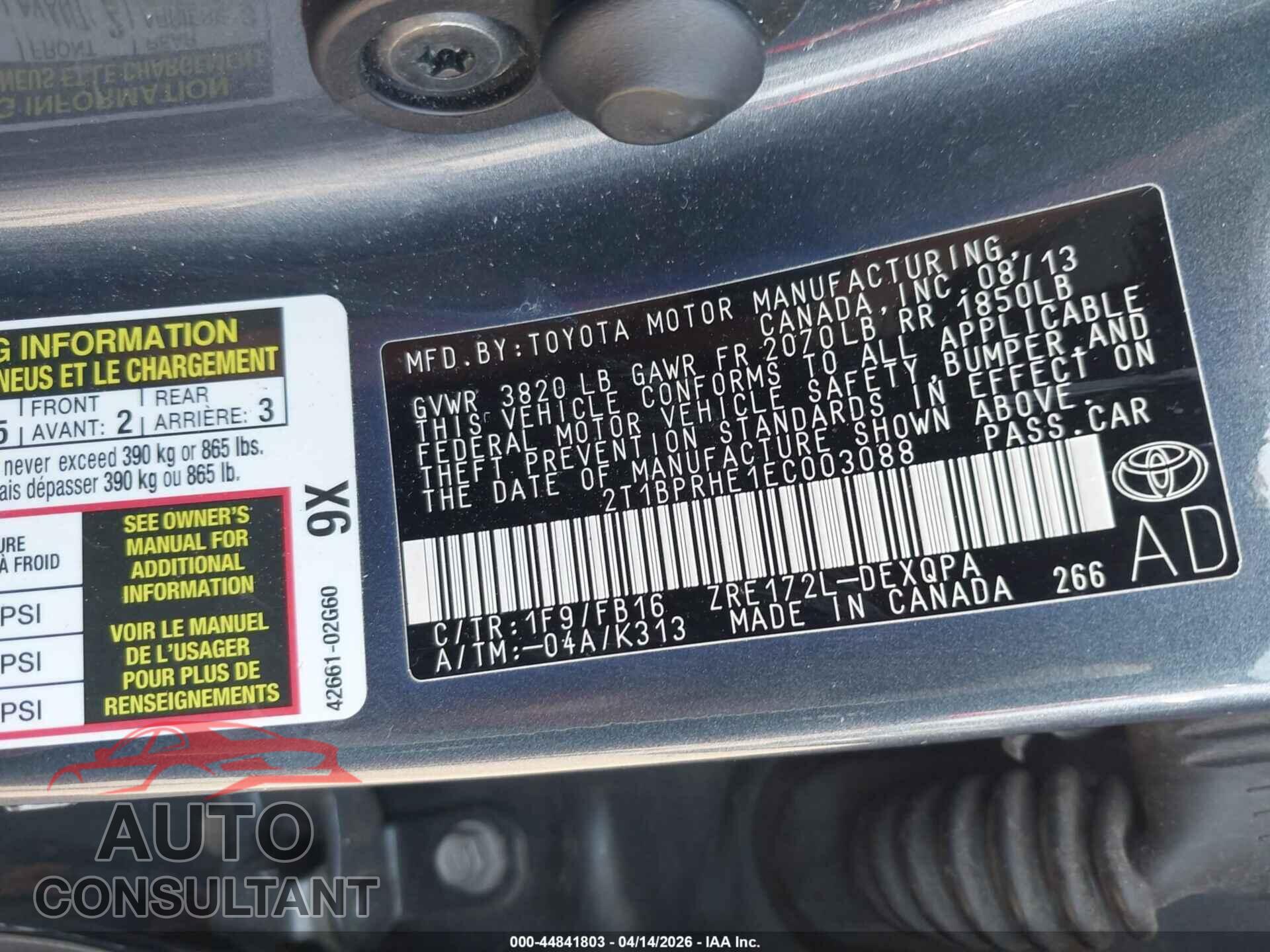TOYOTA COROLLA 2014 - 2T1BPRHE1EC003088