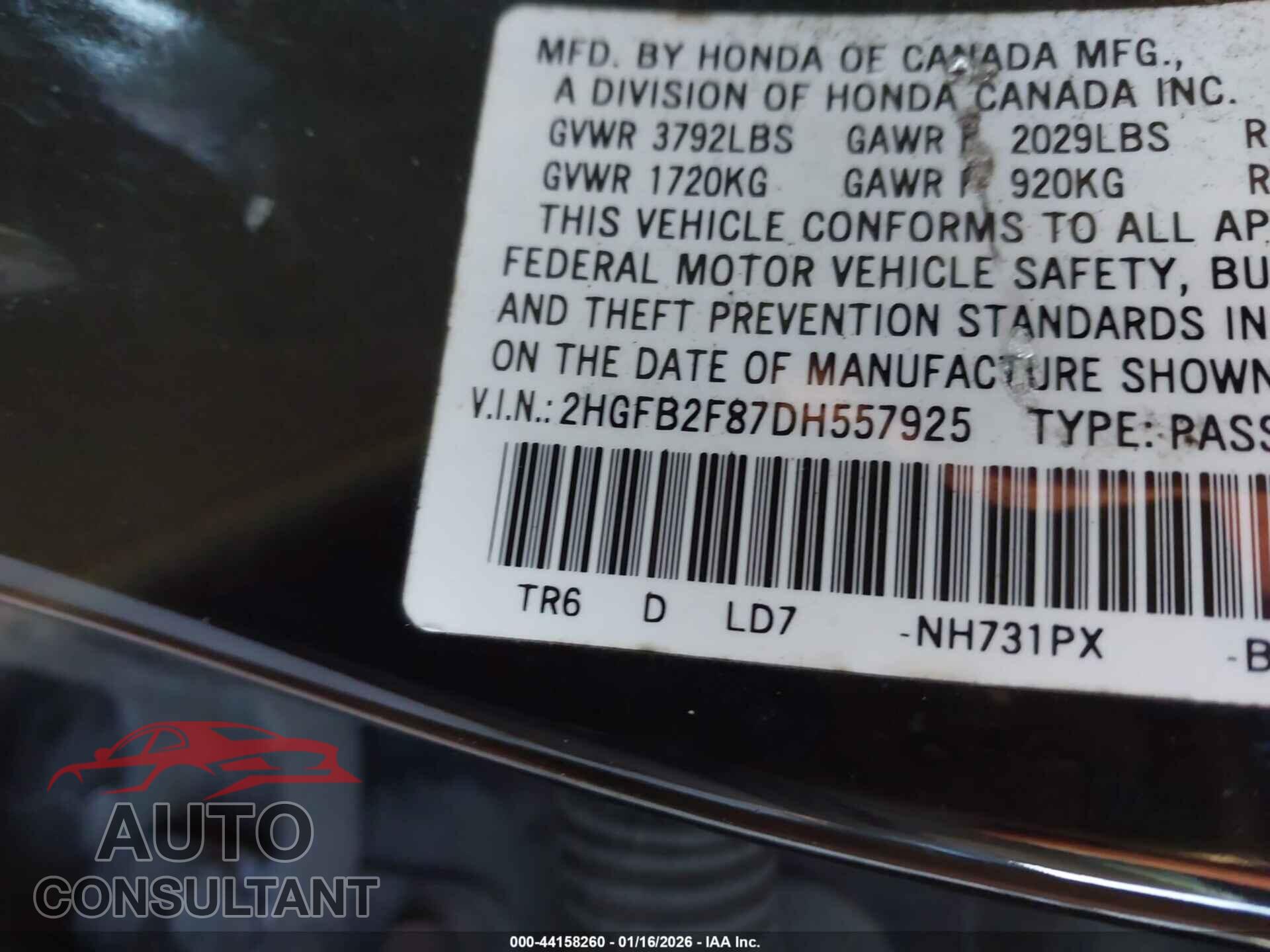 HONDA CIVIC 2013 - 2HGFB2F87DH557925