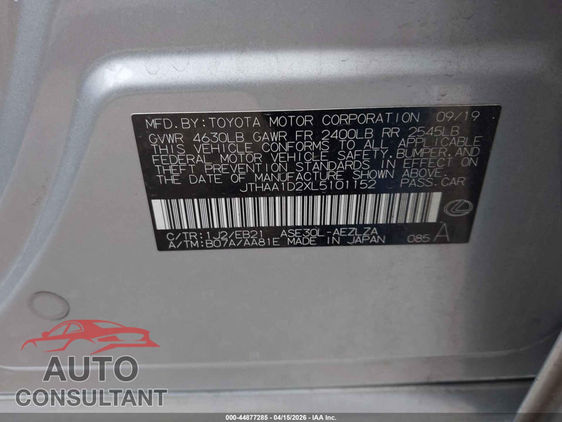 LEXUS IS 300 2020 - JTHAA1D2XL5101152