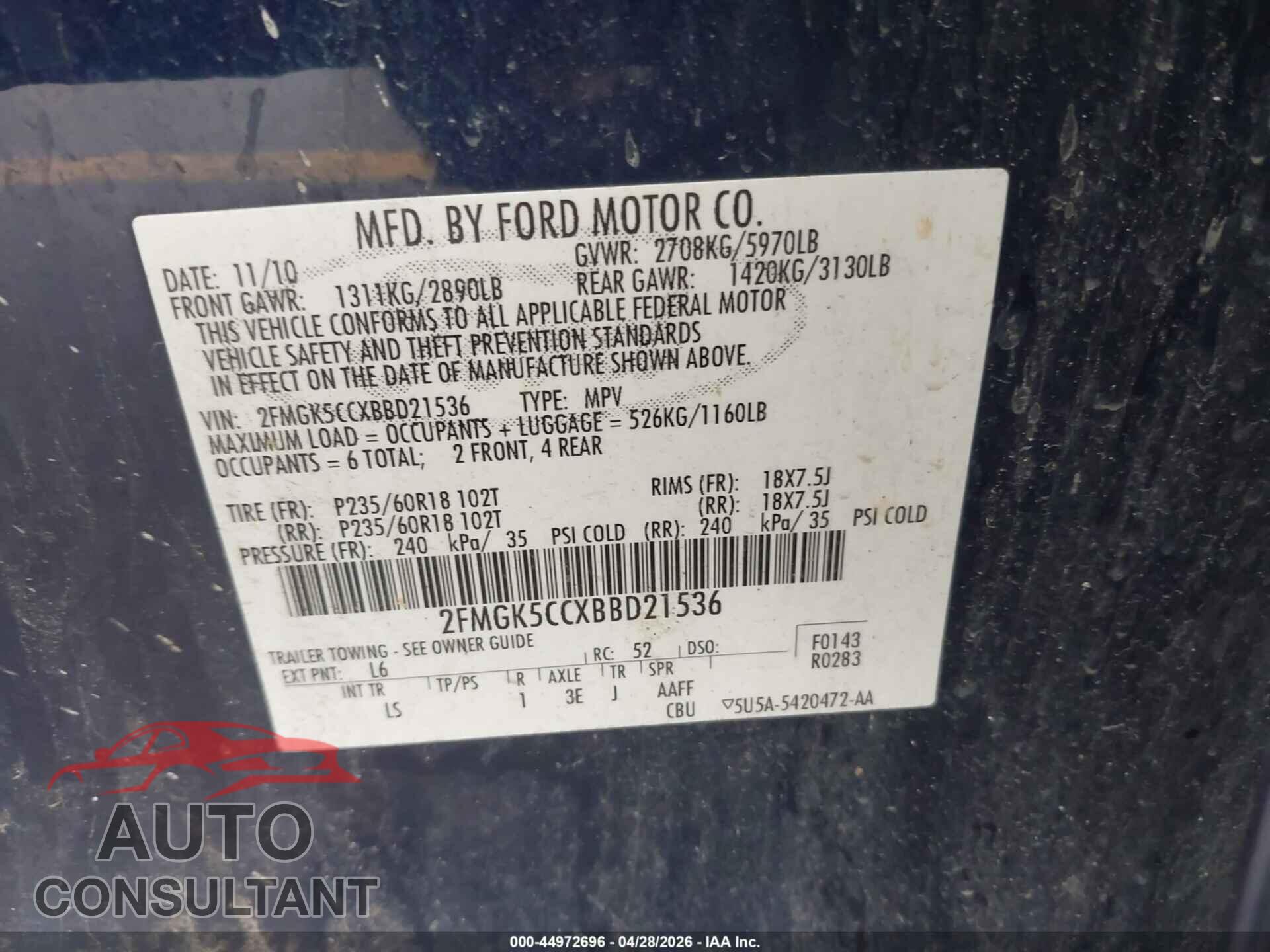 FORD FLEX 2011 - 2FMGK5CCXBBD21536
