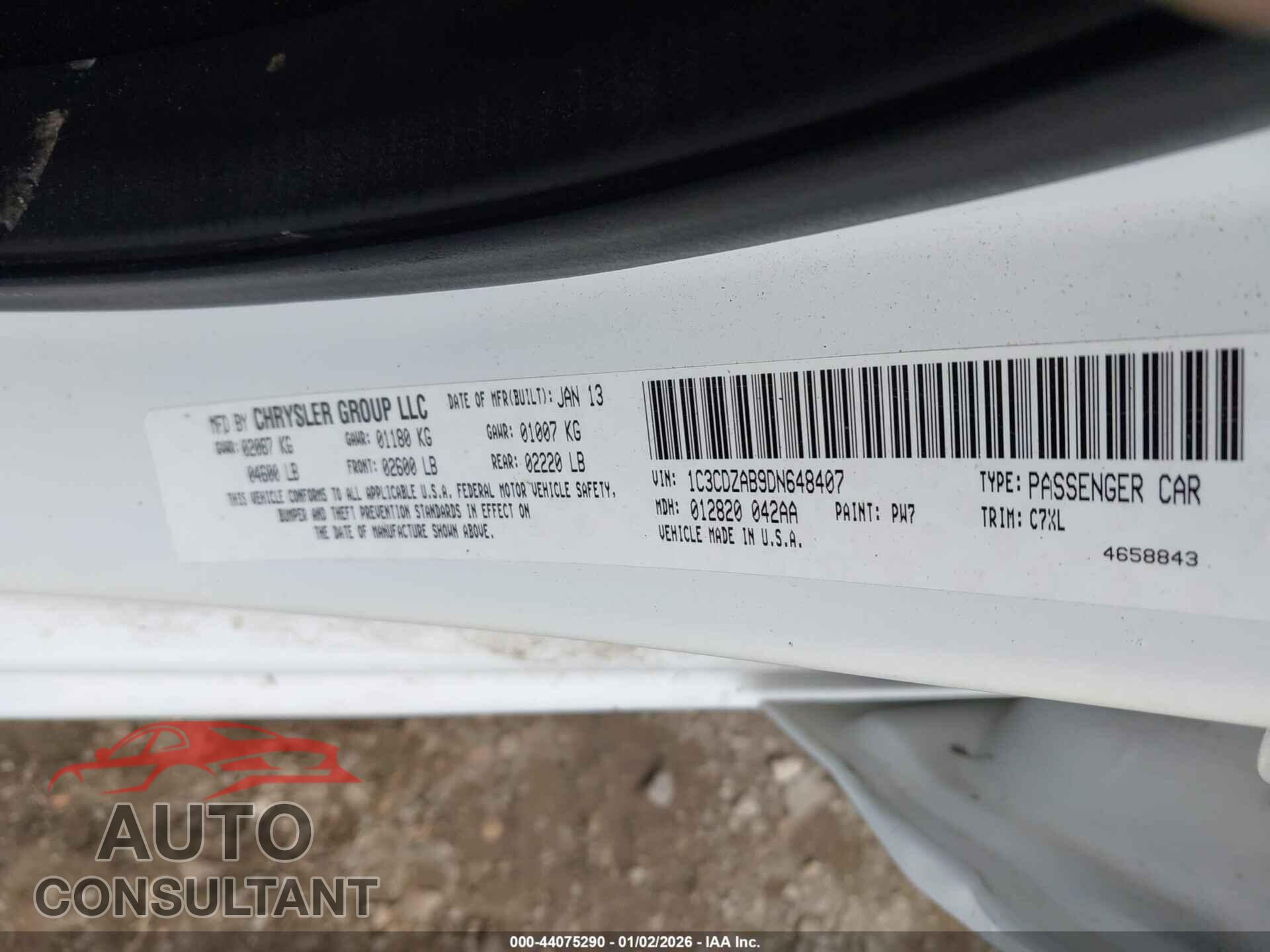DODGE AVENGER 2013 - 1C3CDZAB9DN648407