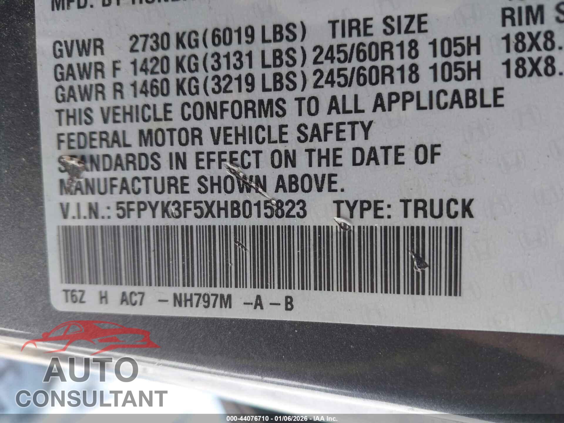 HONDA RIDGELINE 2017 - 5FPYK3F5XHB015823