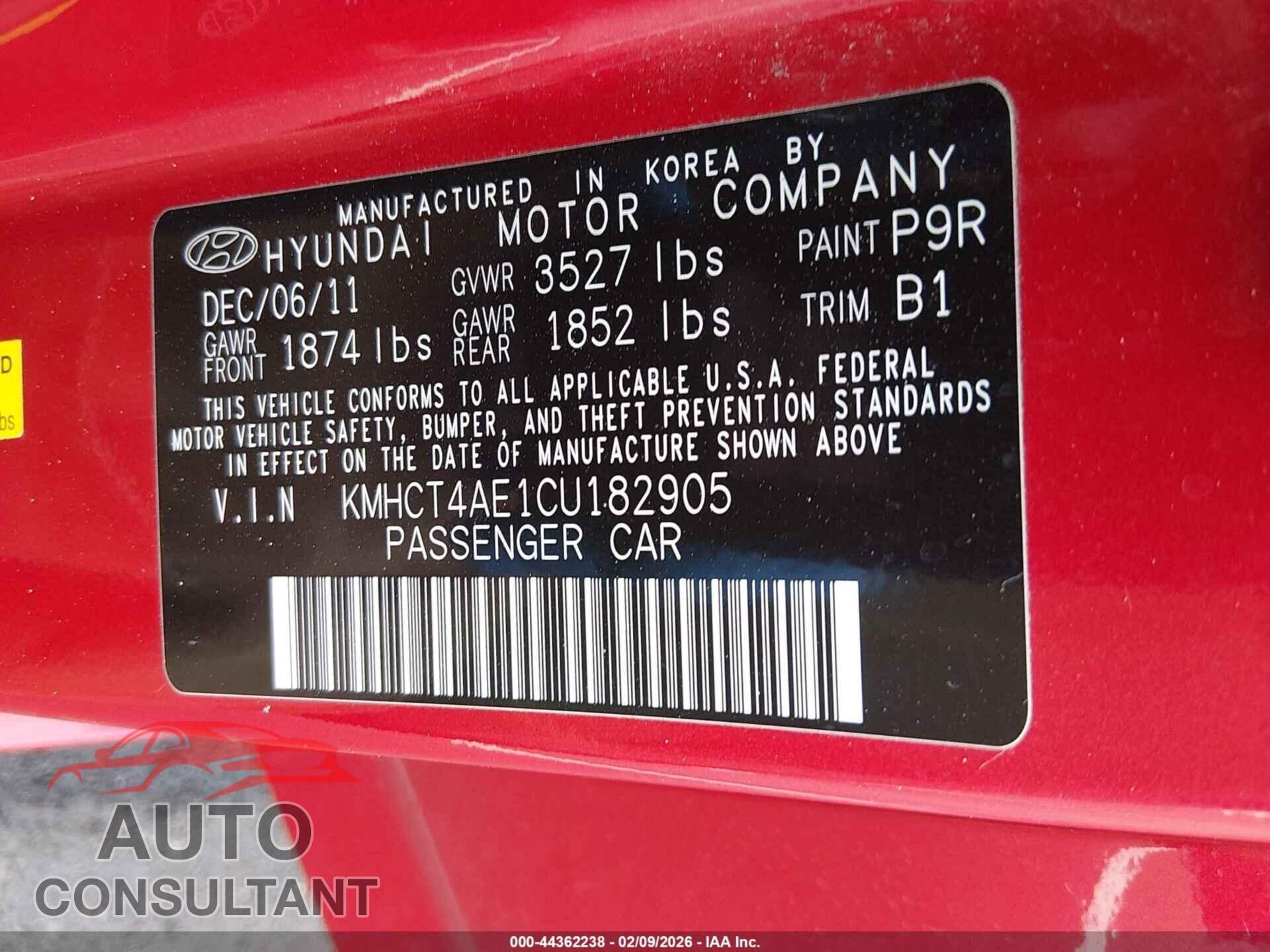 HYUNDAI ACCENT 2012 - KMHCT4AE1CU182905