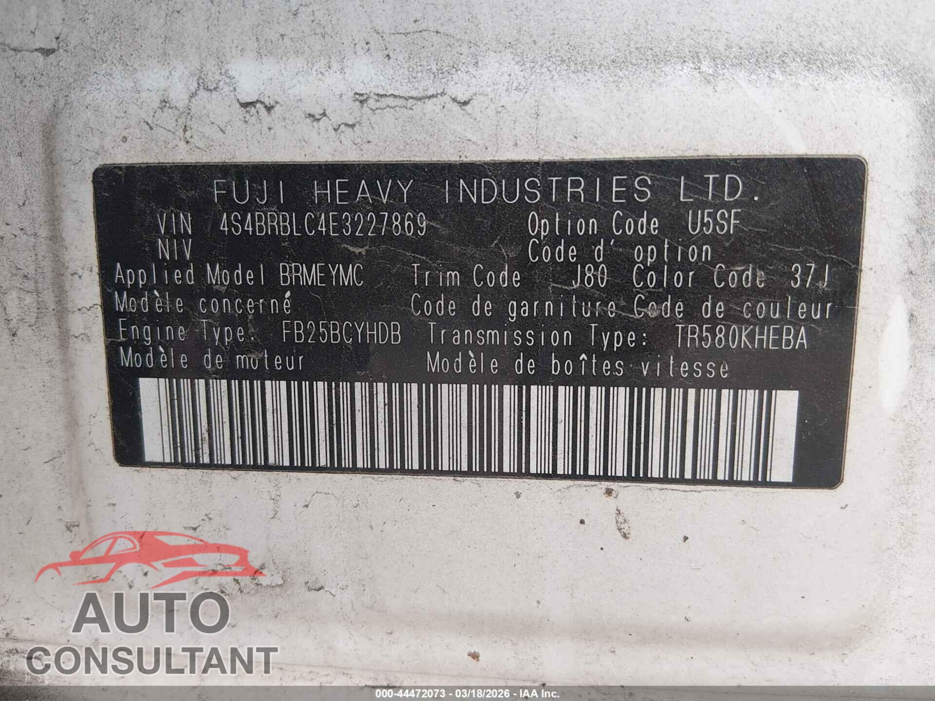 SUBARU OUTBACK 2014 - 4S4BRBLC4E3227869