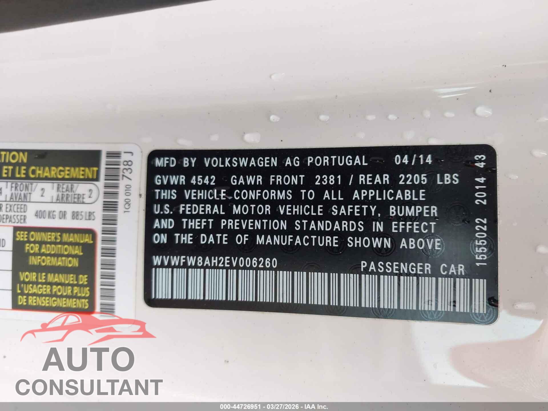 VOLKSWAGEN EOS 2014 - WVWFW8AH2EV006260