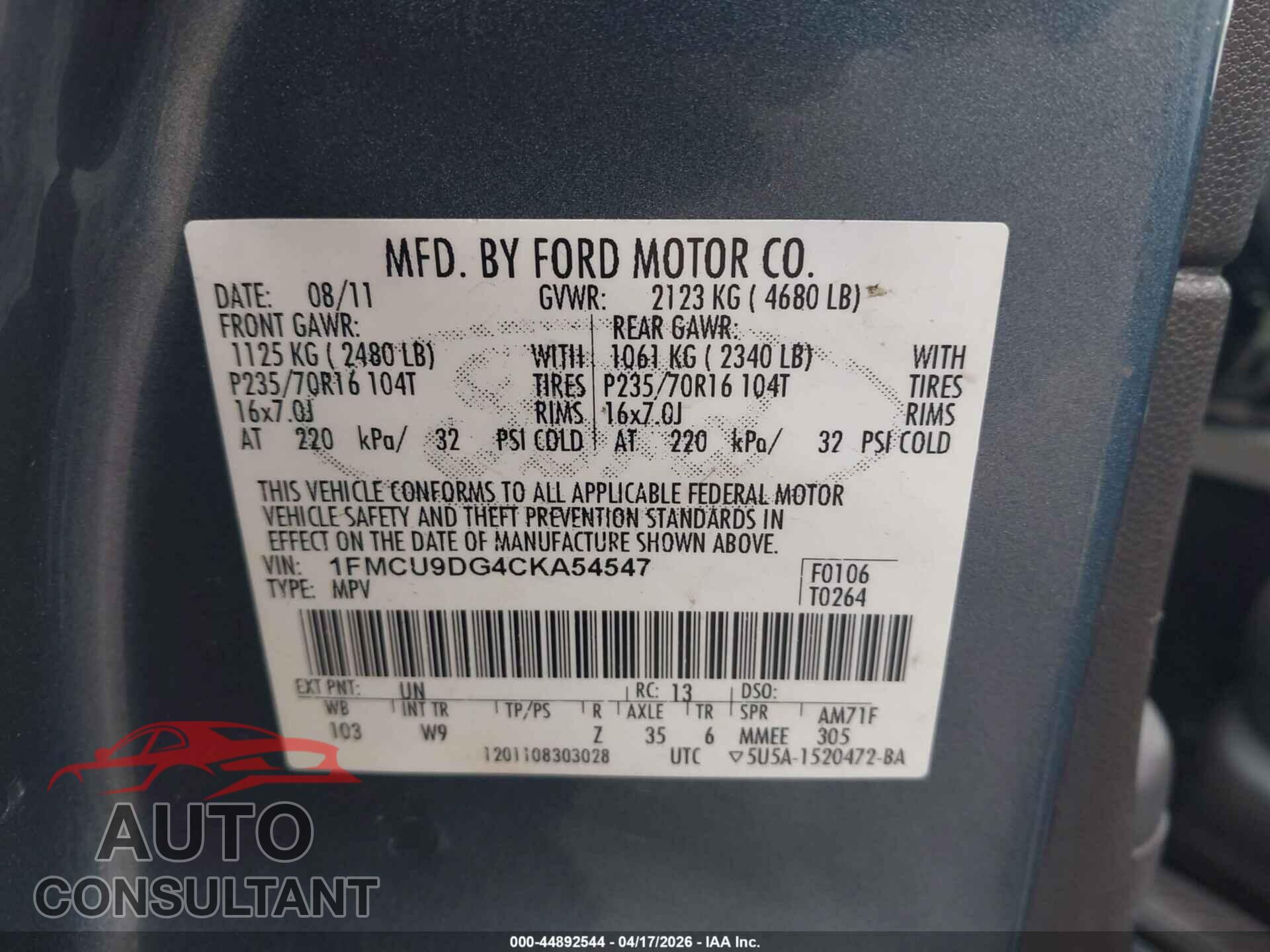 FORD ESCAPE 2012 - 1FMCU9DG4CKA54547