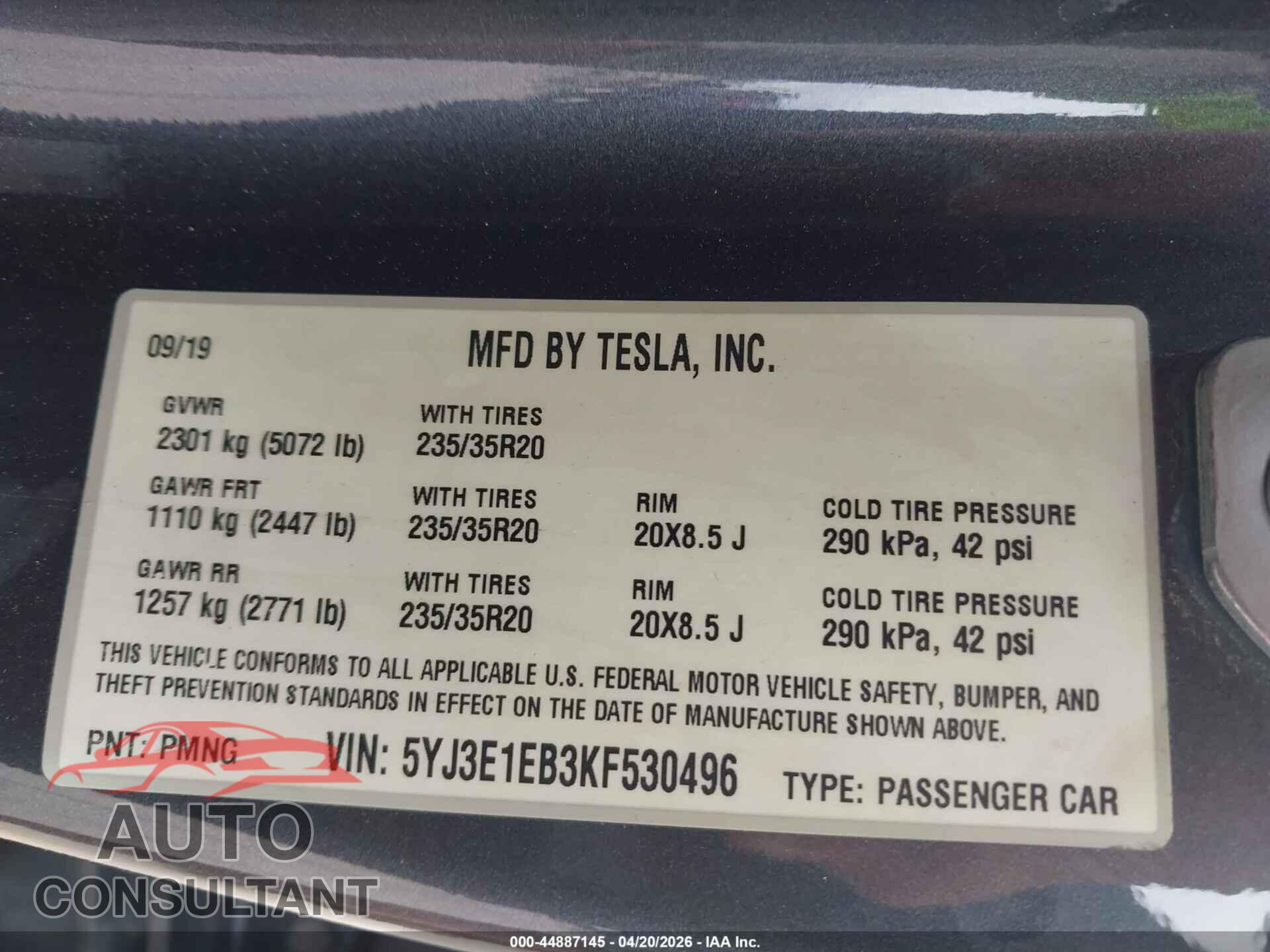 TESLA MODEL 3 2019 - 5YJ3E1EB3KF530496