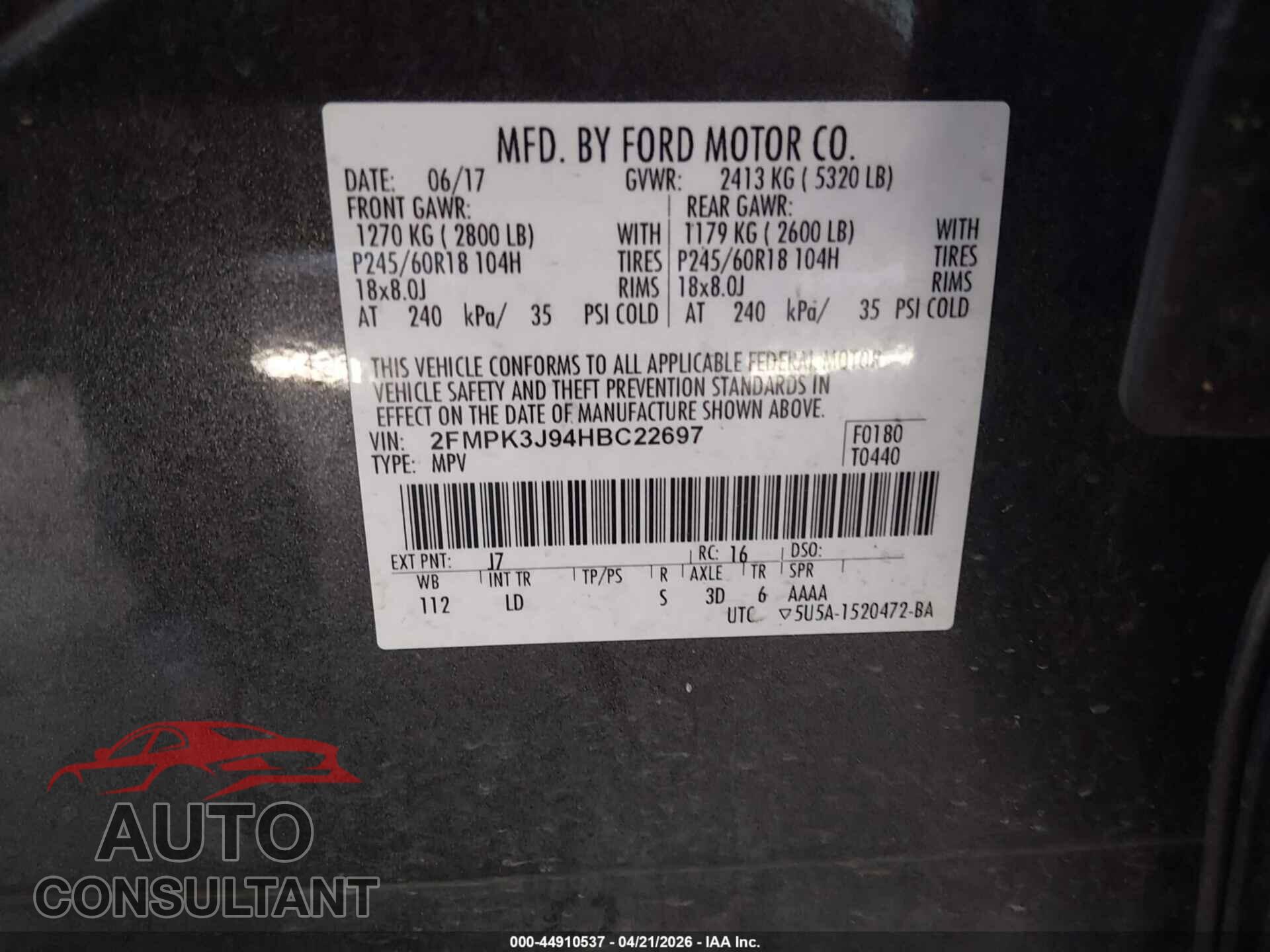 FORD EDGE 2017 - 2FMPK3J94HBC22697