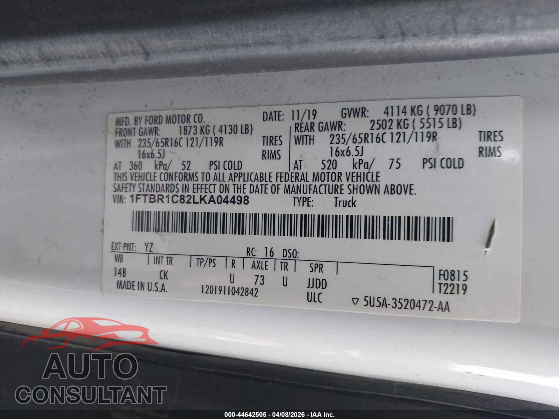FORD TRANSIT-250 2020 - 1FTBR1C82LKA04498