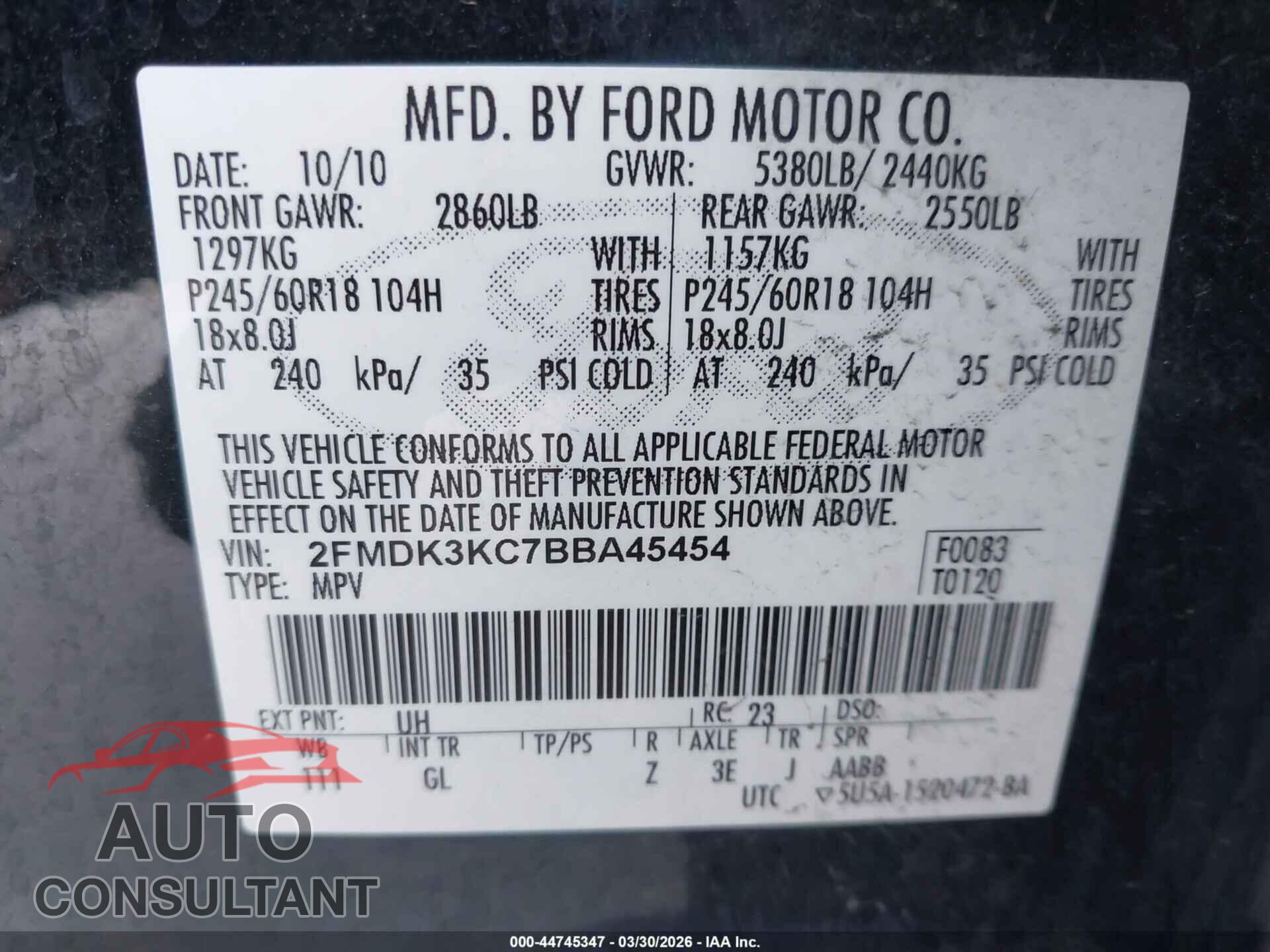FORD EDGE 2011 - 2FMDK3KC7BBA45454