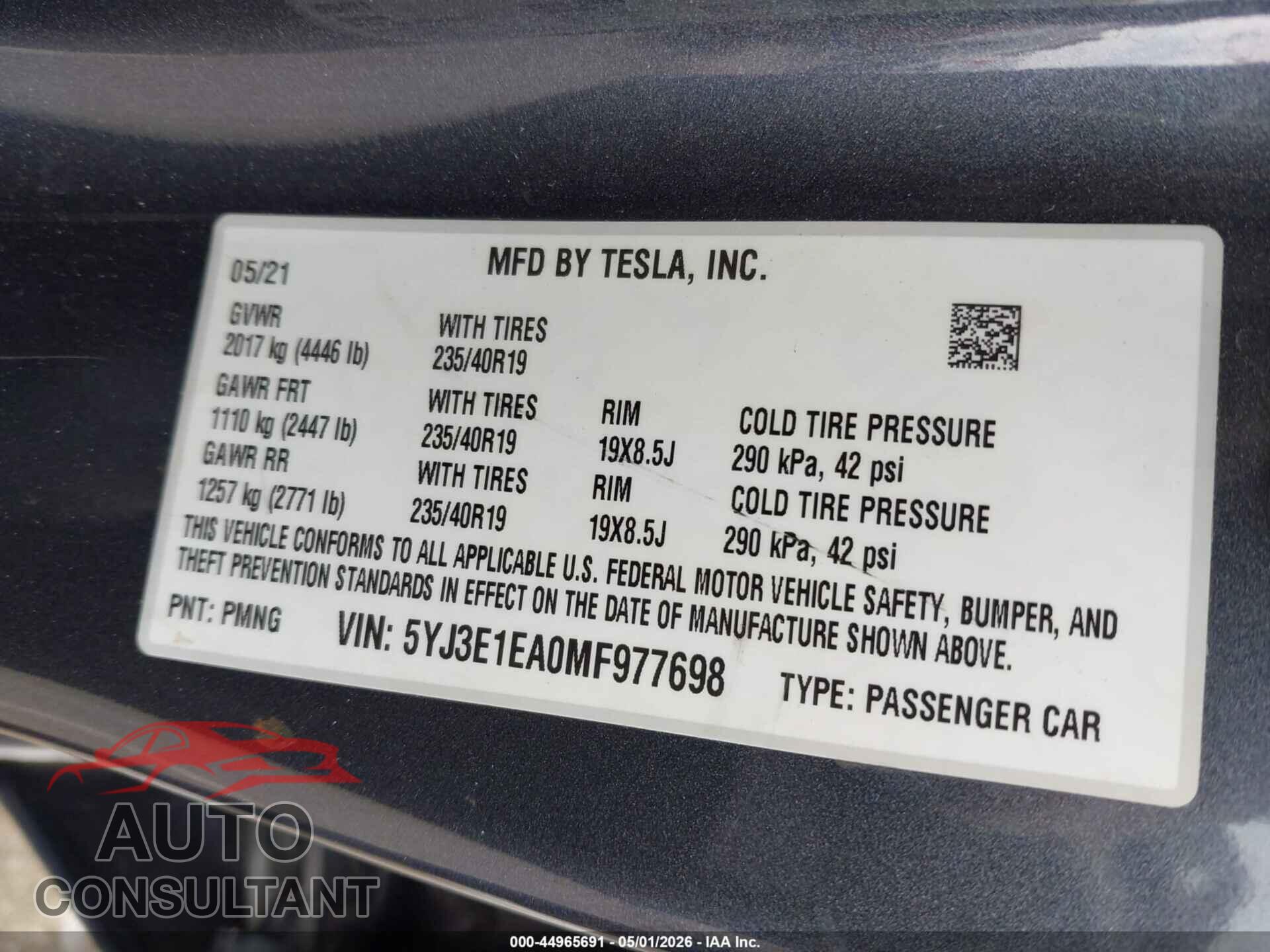 TESLA MODEL 3 2021 - 5YJ3E1EA0MF977698