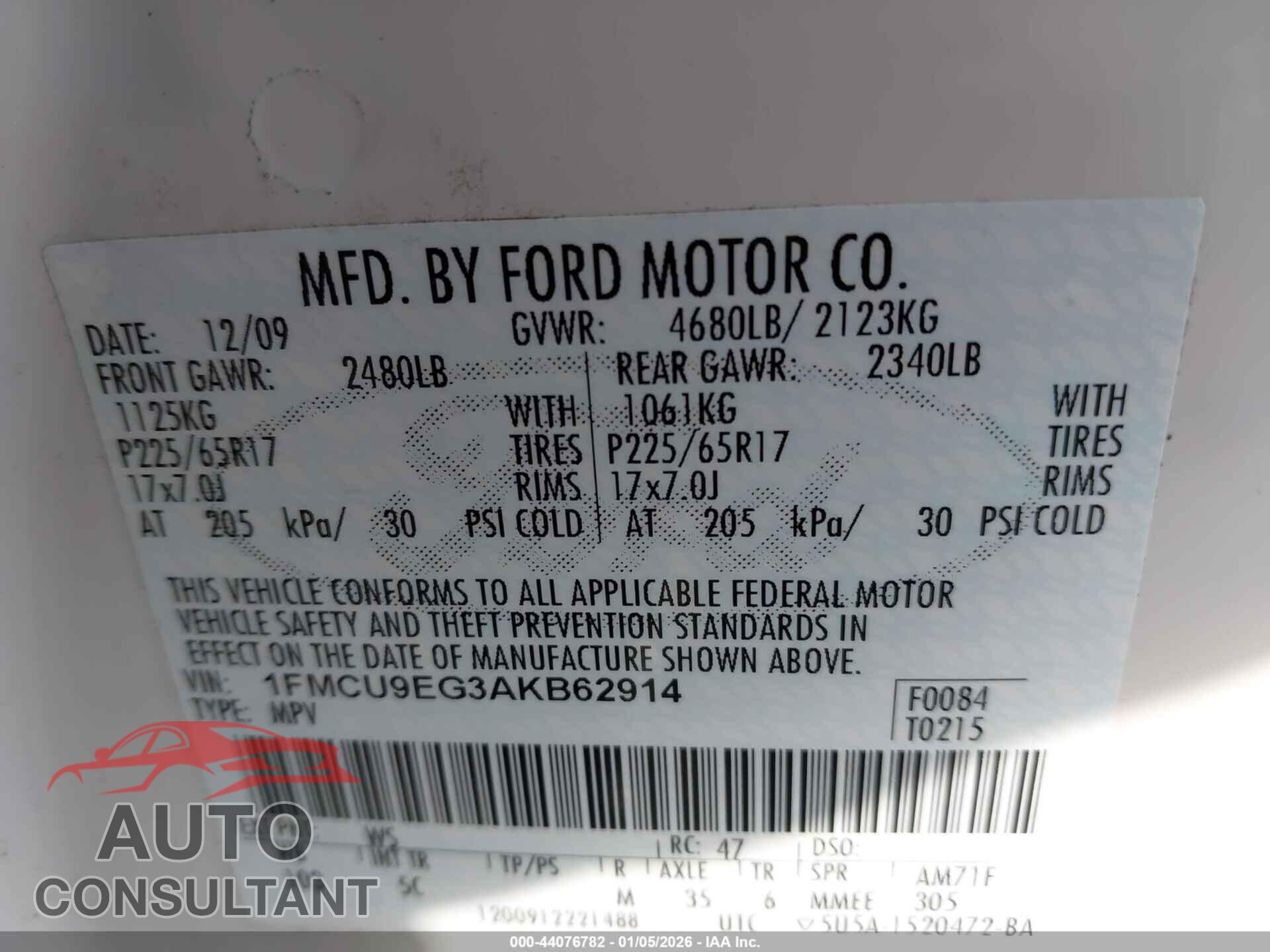 FORD ESCAPE 2010 - 1FMCU9EG3AKB62914