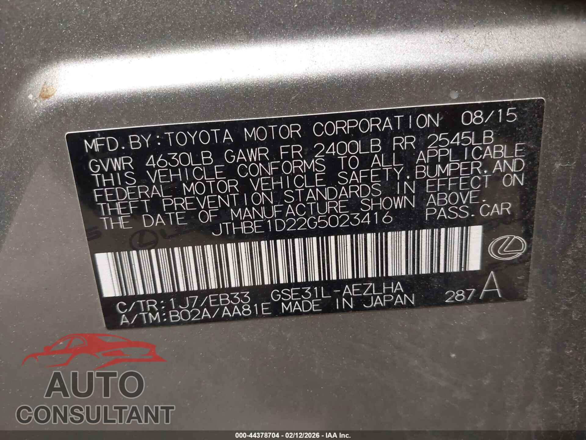 LEXUS IS 350 2016 - JTHBE1D22G5023416