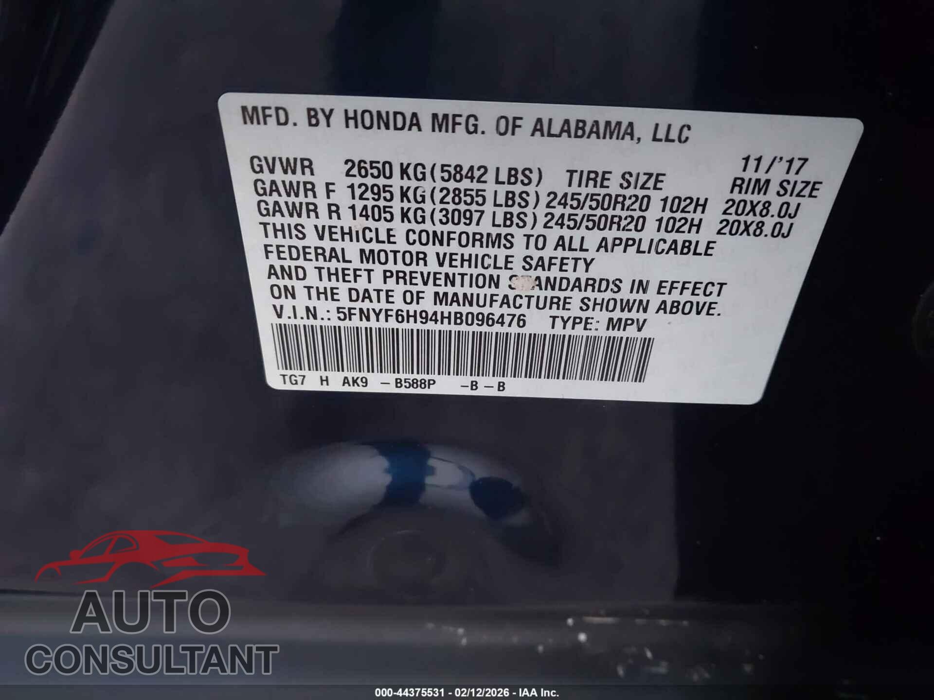 HONDA PILOT 2017 - 5FNYF6H94HB096476