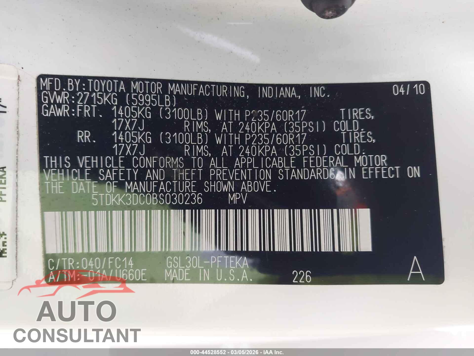 TOYOTA SIENNA 2011 - 5TDKK3DC0BS030236