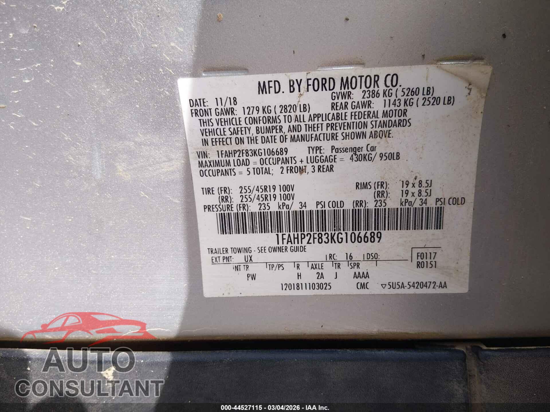 FORD TAURUS 2019 - 1FAHP2F83KG106689