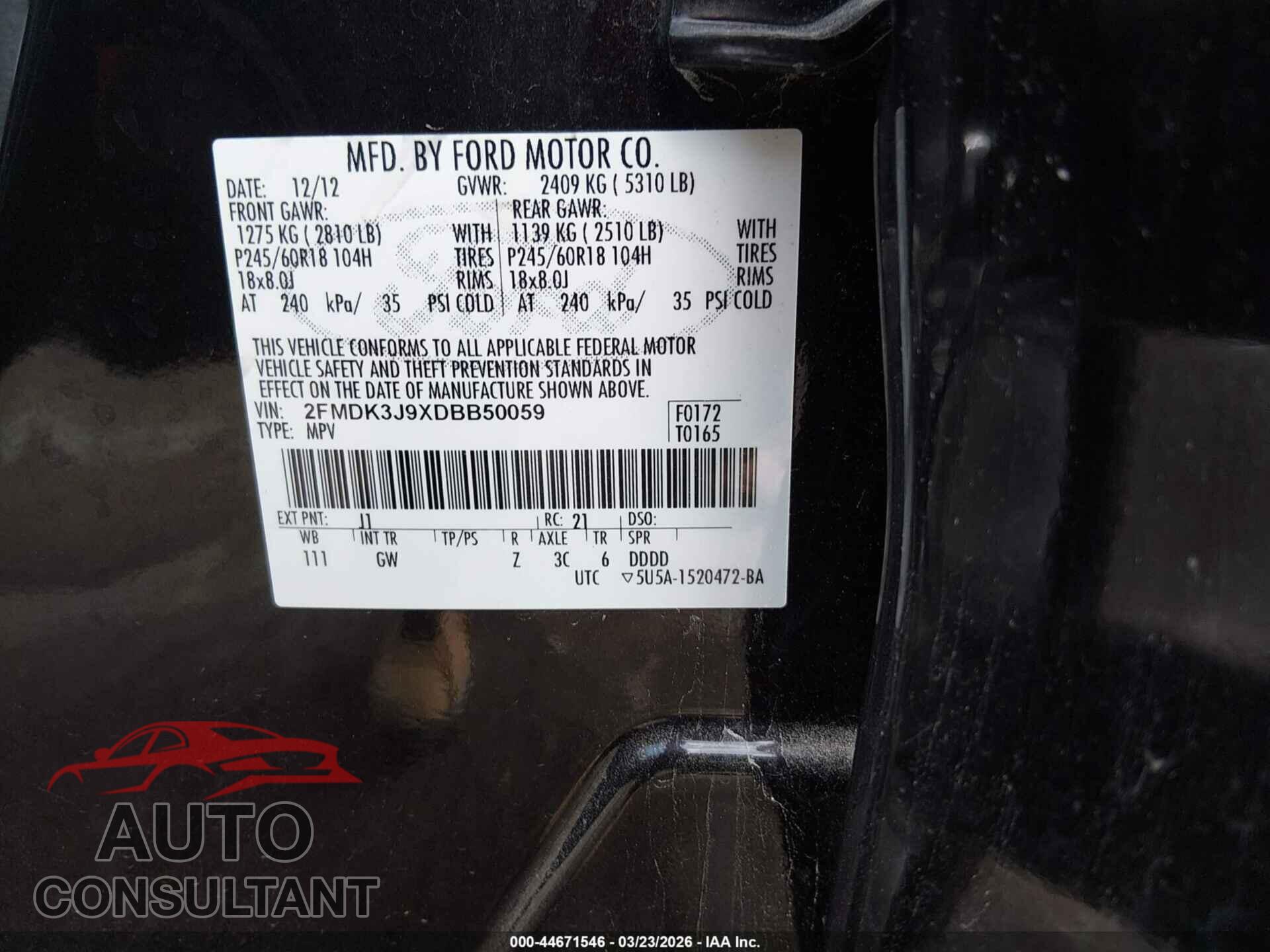 FORD EDGE 2013 - 2FMDK3J9XDBB50059