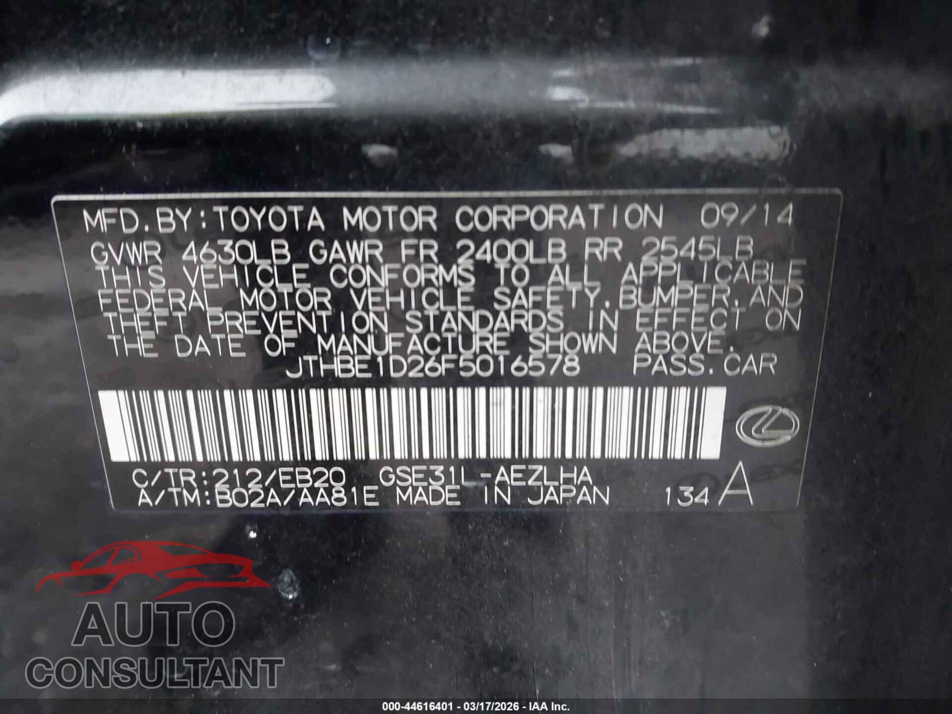 LEXUS IS 350 2015 - JTHBE1D26F5016578