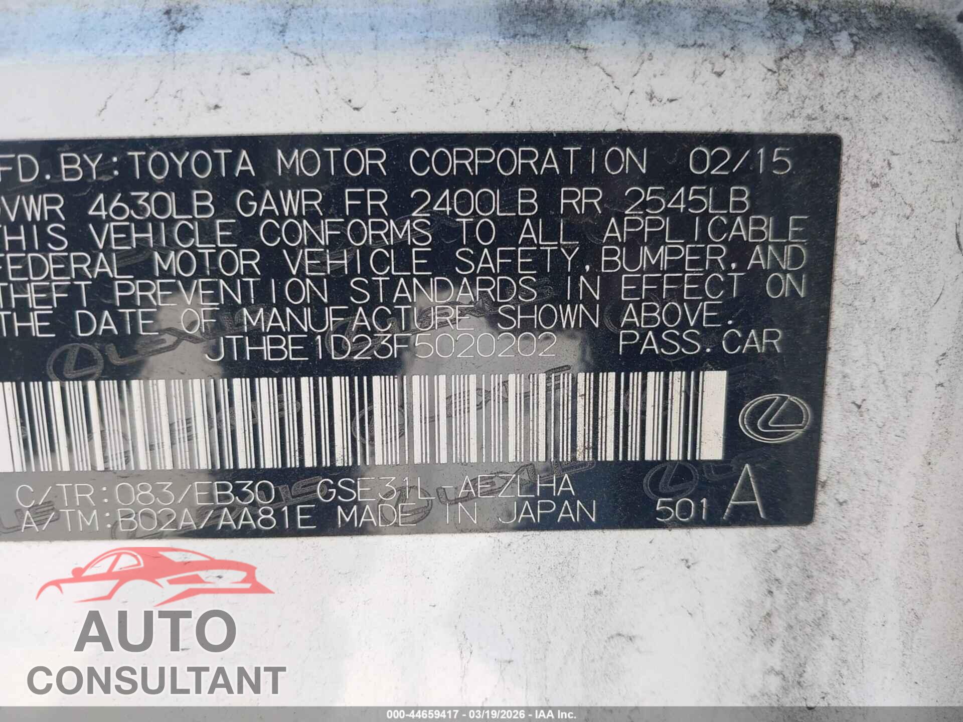 LEXUS IS 350 2015 - JTHBE1D23F5020202