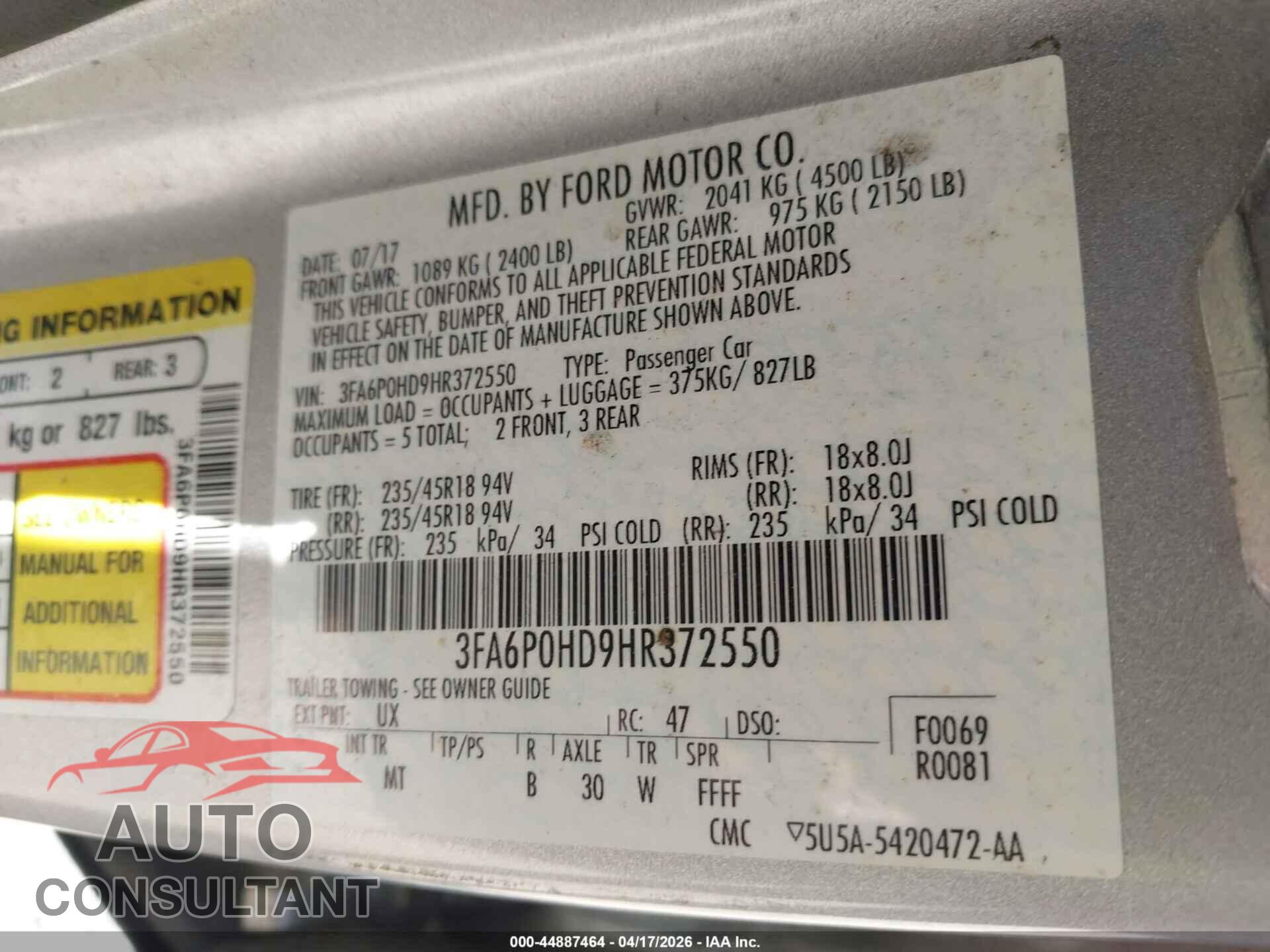 FORD FUSION 2017 - 3FA6P0HD9HR372550