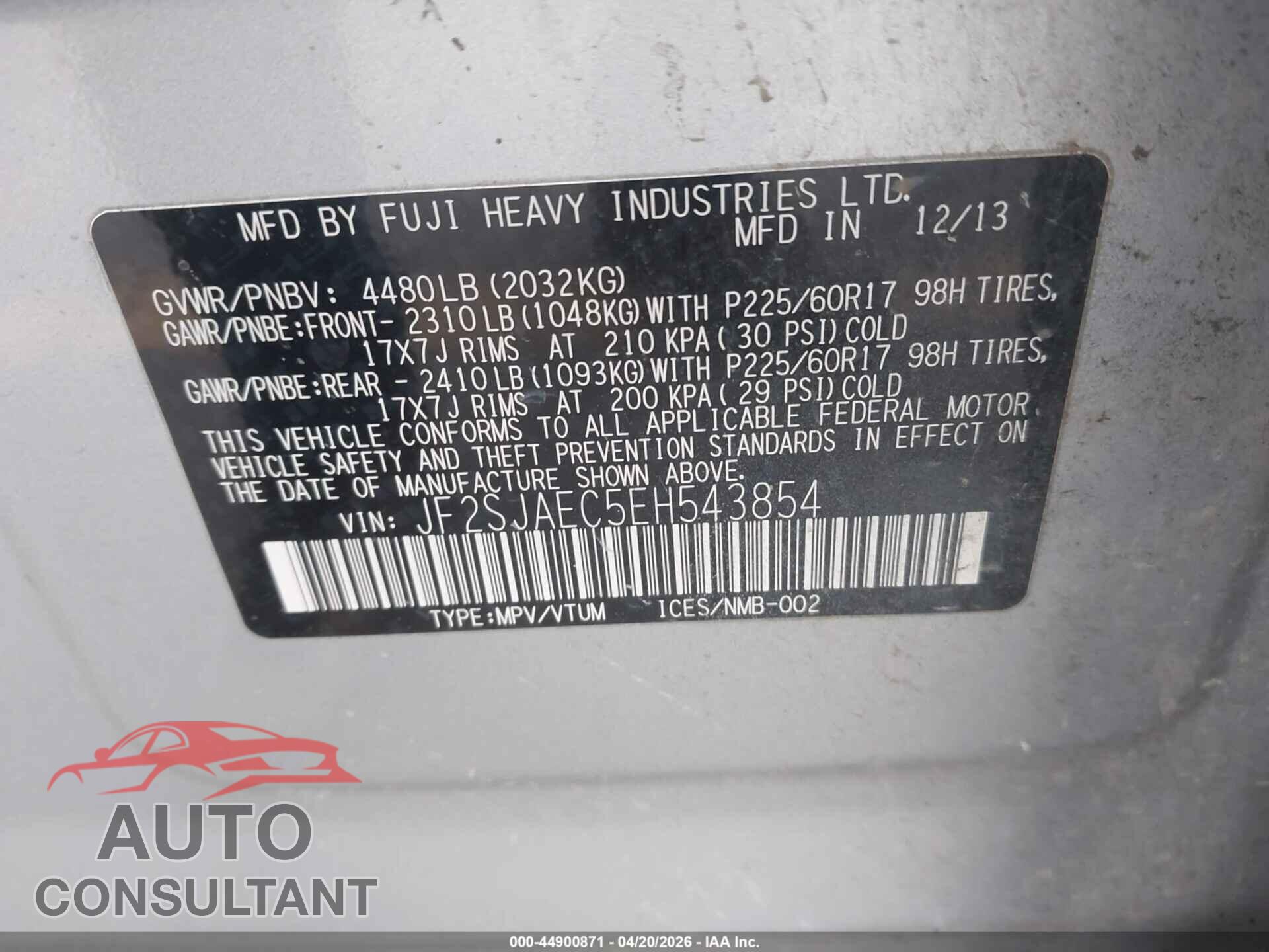 SUBARU FORESTER 2014 - JF2SJAEC5EH543854