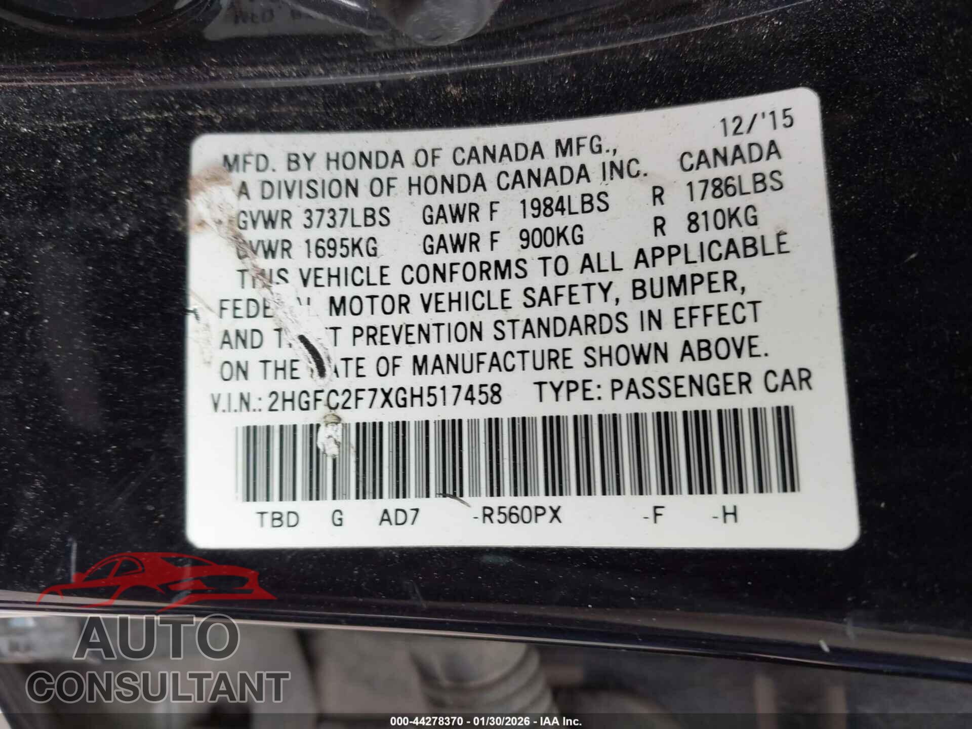 HONDA CIVIC 2016 - 2HGFC2F7XGH517458