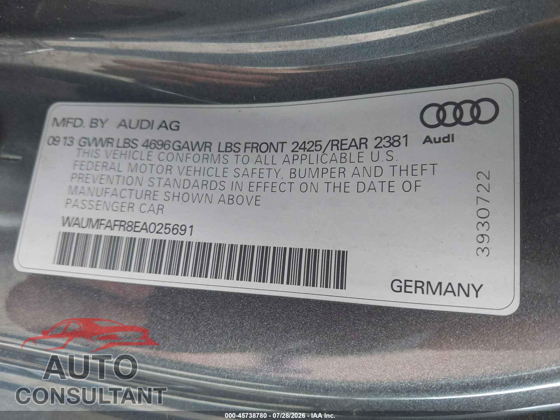 AUDI A5 2014 - WAUMFAFR8EA025691