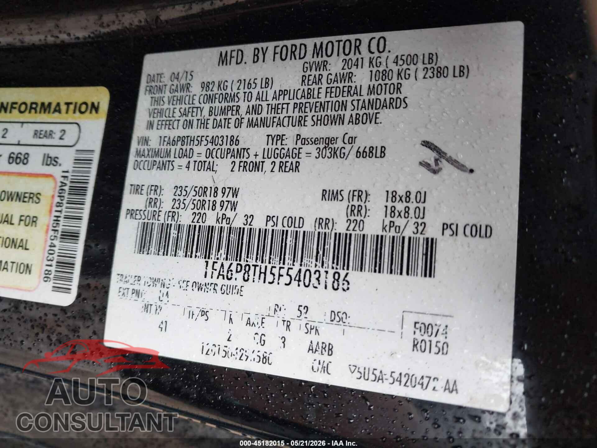 FORD MUSTANG 2015 - 1FA6P8TH5F5403186