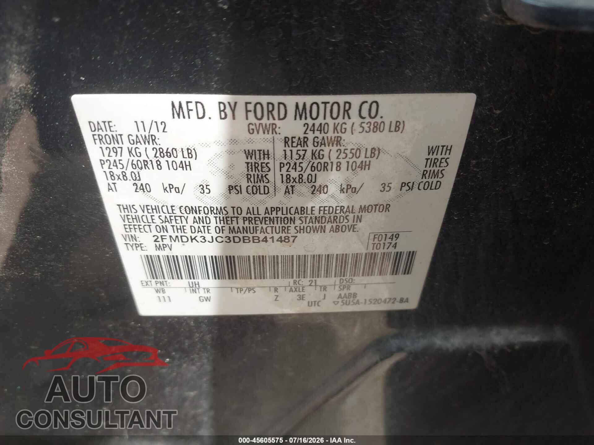 FORD EDGE 2013 - 2FMDK3JC3DBB41487