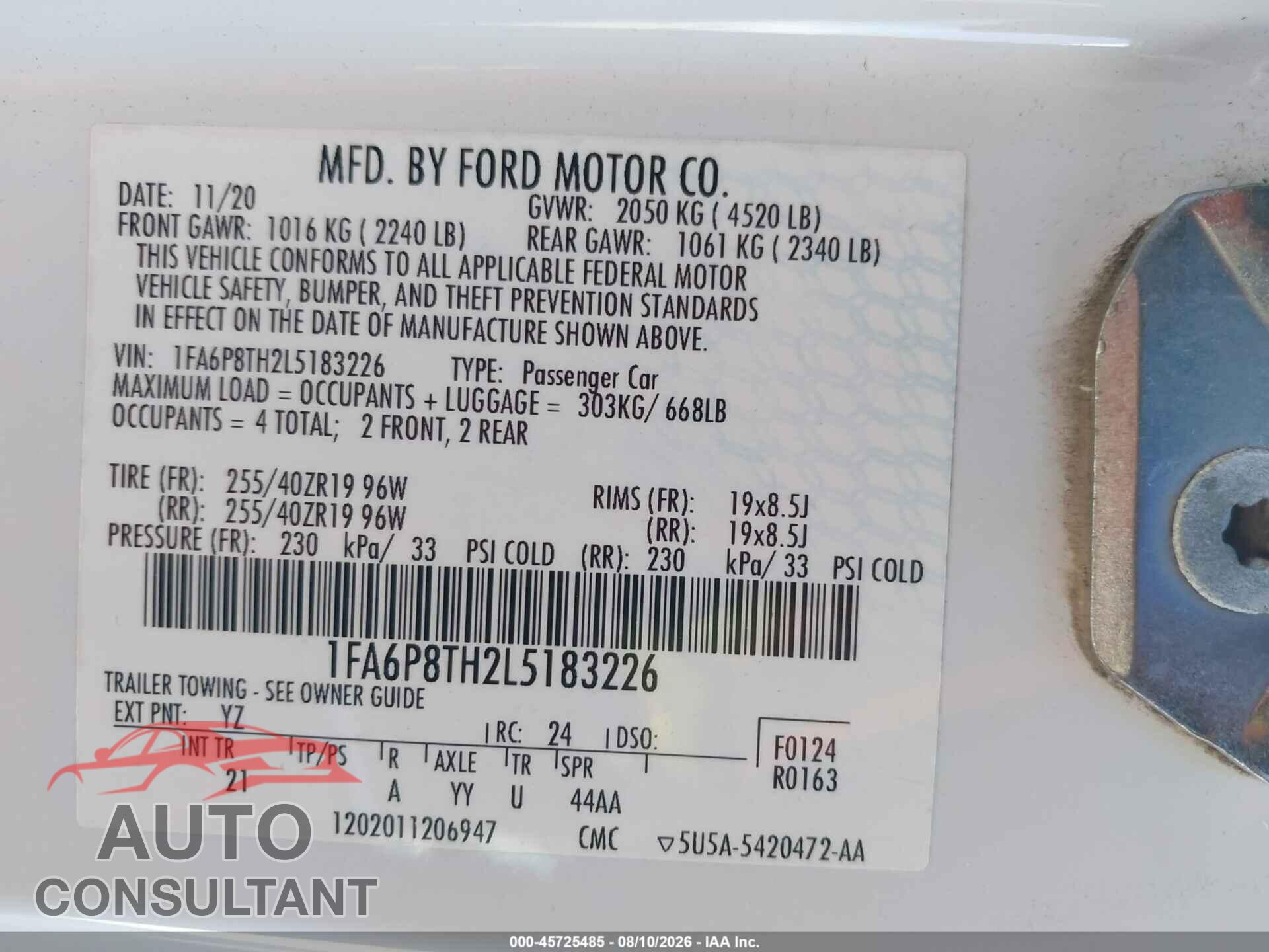 FORD MUSTANG 2020 - 1FA6P8TH2L5183226