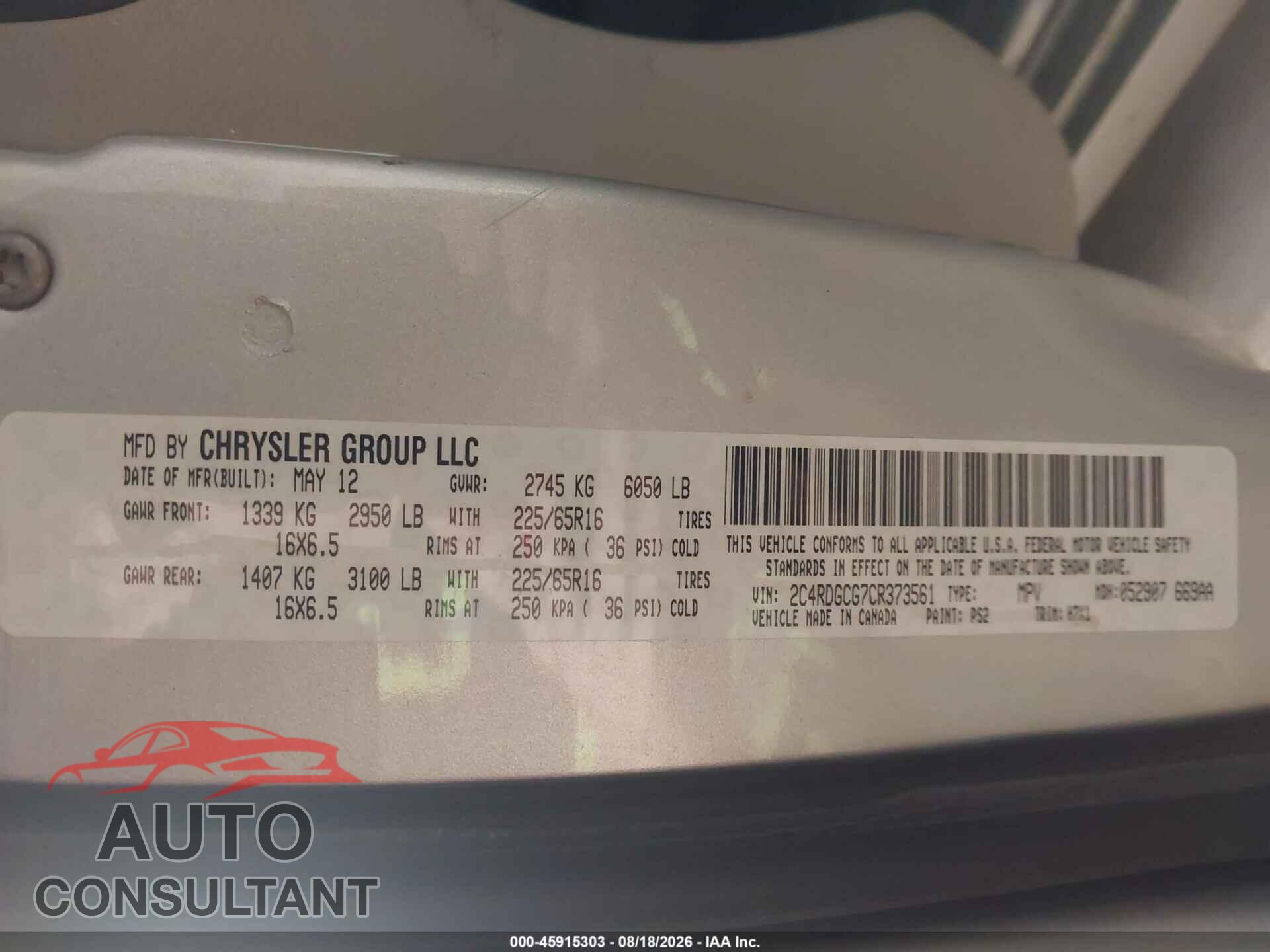 DODGE GRAND CARAVAN 2012 - 2C4RDGCG7CR373561