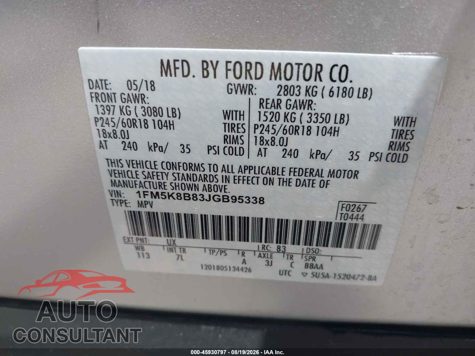FORD EXPLORER 2018 - 1FM5K8B83JGB95338