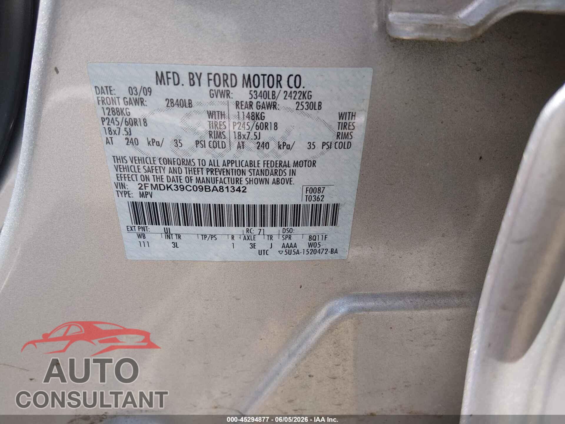 FORD EDGE 2009 - 2FMDK39C09BA81342