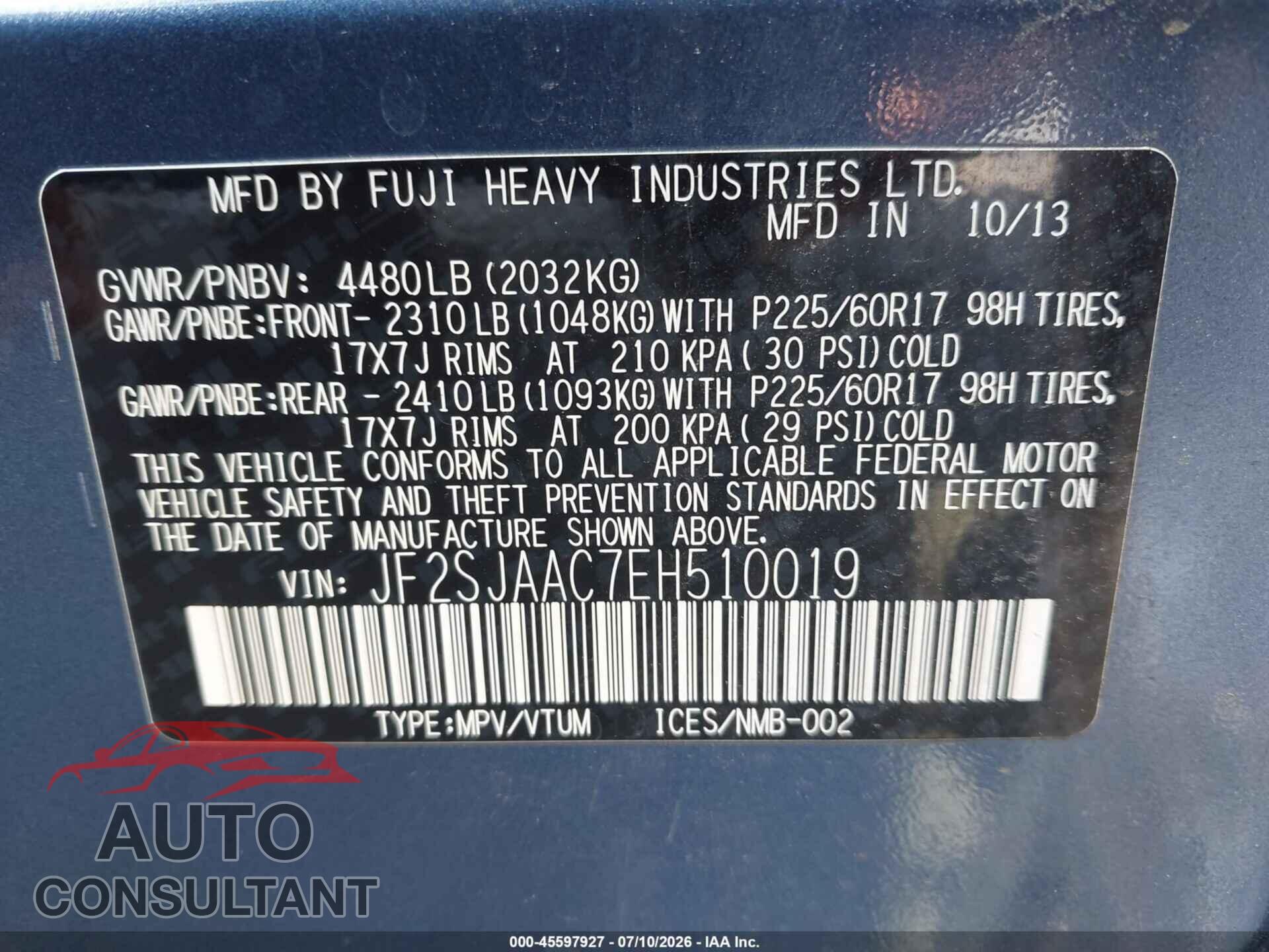SUBARU FORESTER 2014 - JF2SJAAC7EH510019