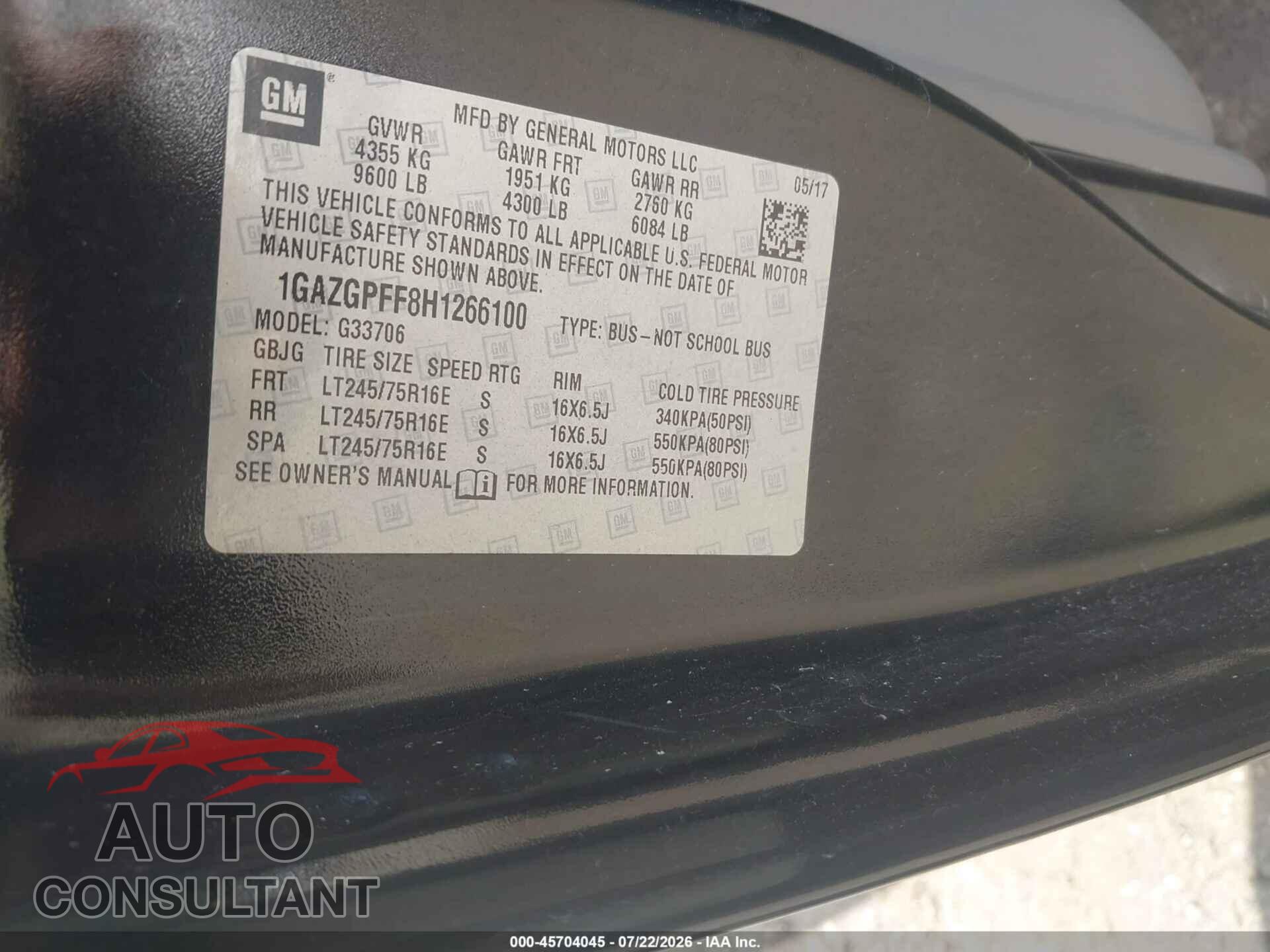 CHEVROLET EXPRESS 3500 2017 - 1GAZGPFF8H1266100