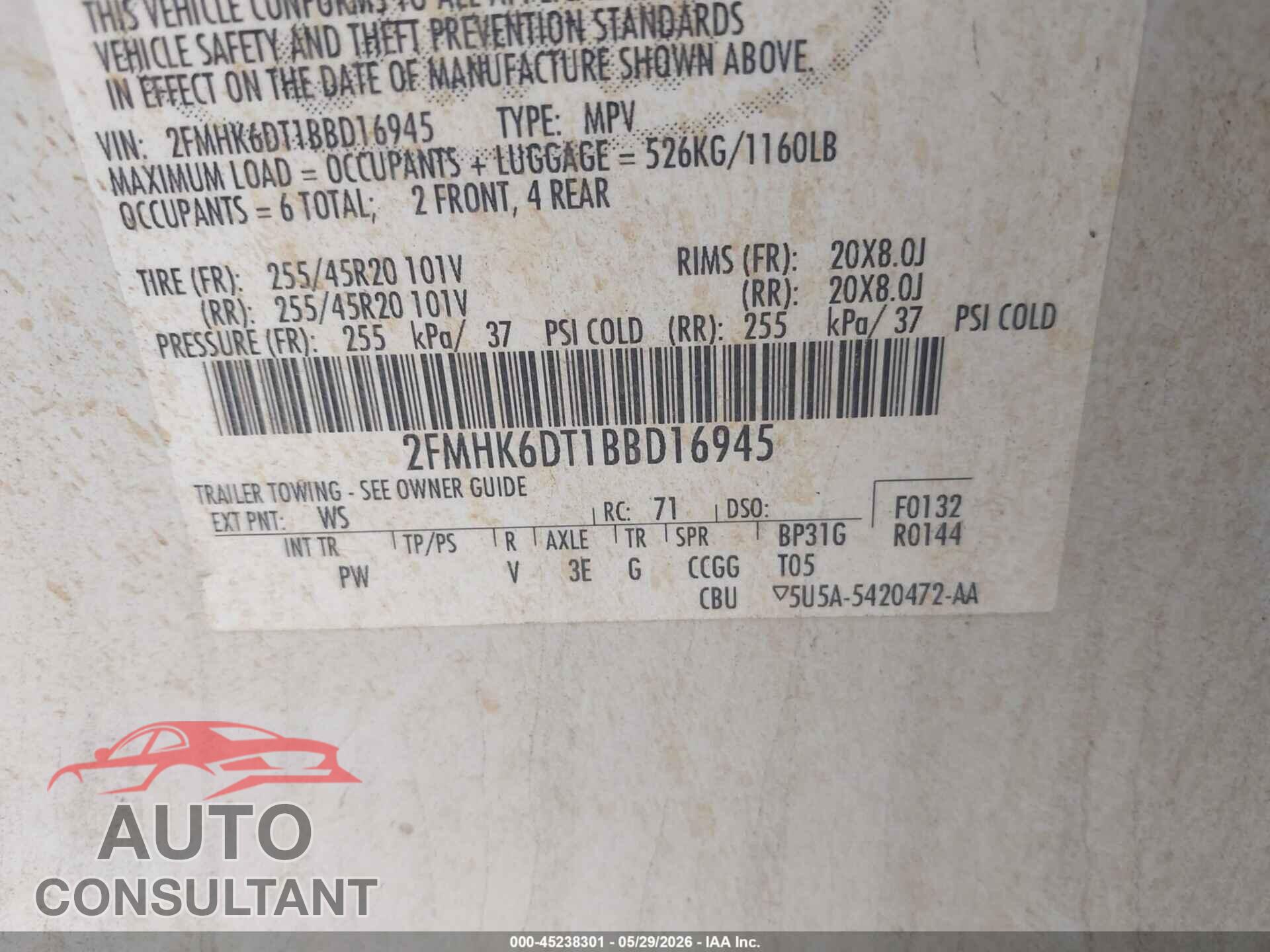 FORD FLEX 2011 - 2FMHK6DT1BBD16945