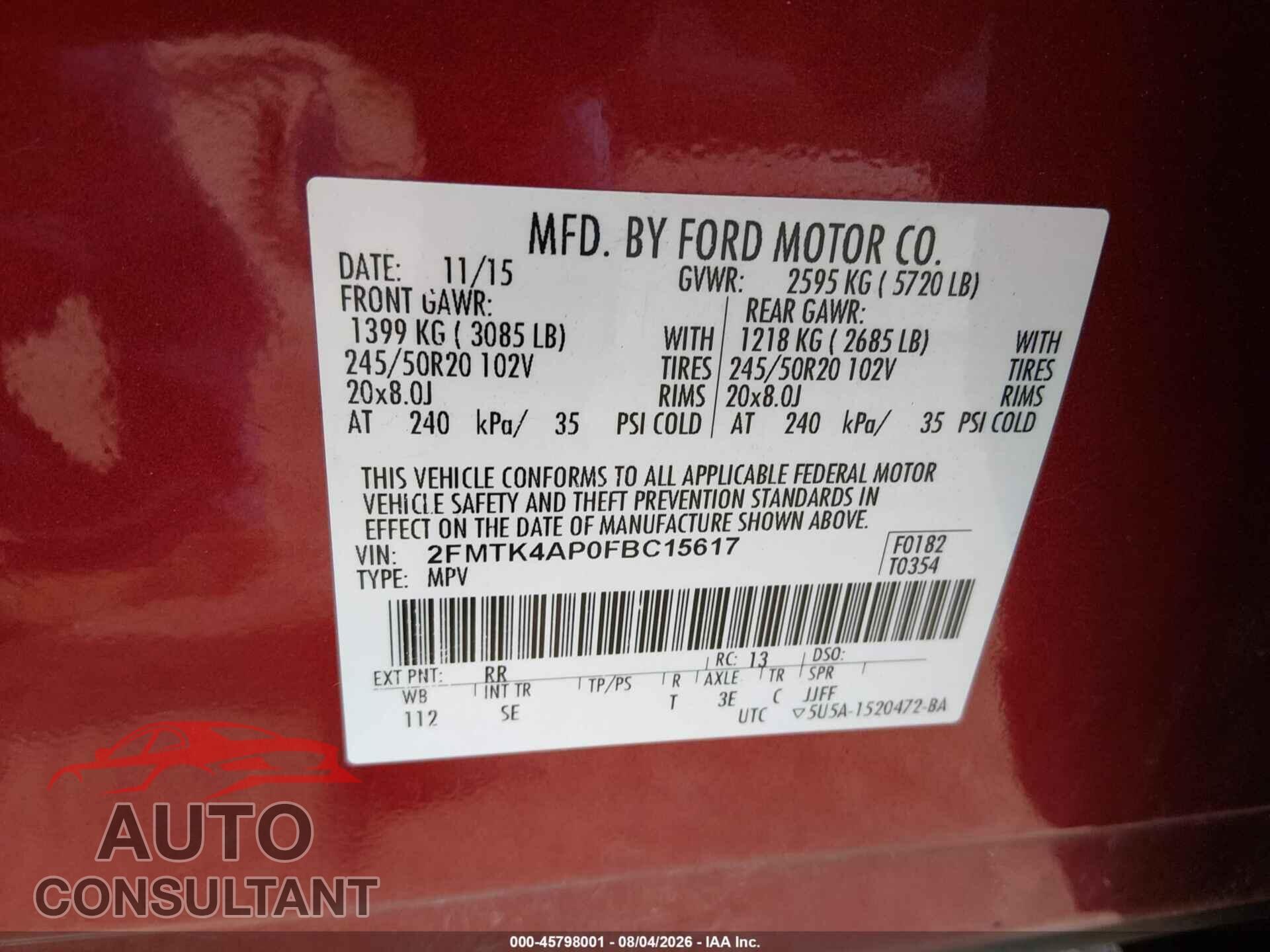 FORD EDGE 2015 - 2FMTK4AP0FBC15617